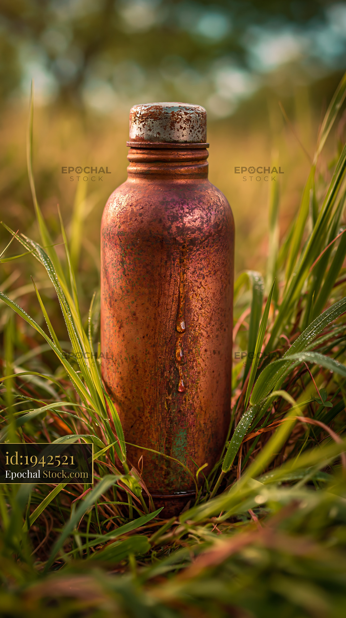 Vintage copper thermos standing in tall spring grass with morning dew