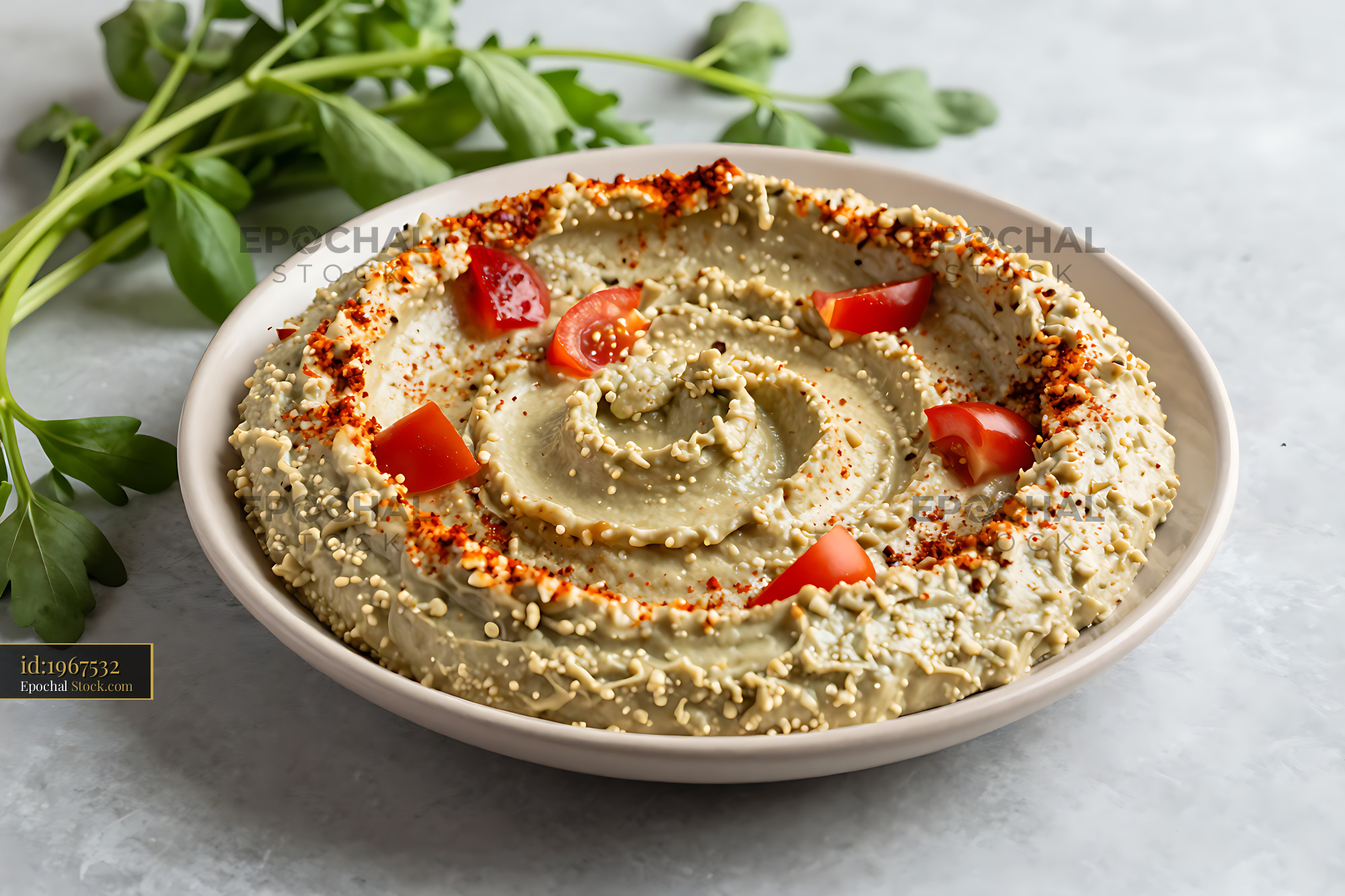 Moroccan Zaalouk eggplant dip garnished with tomatoes and fresh herbs - stock photo