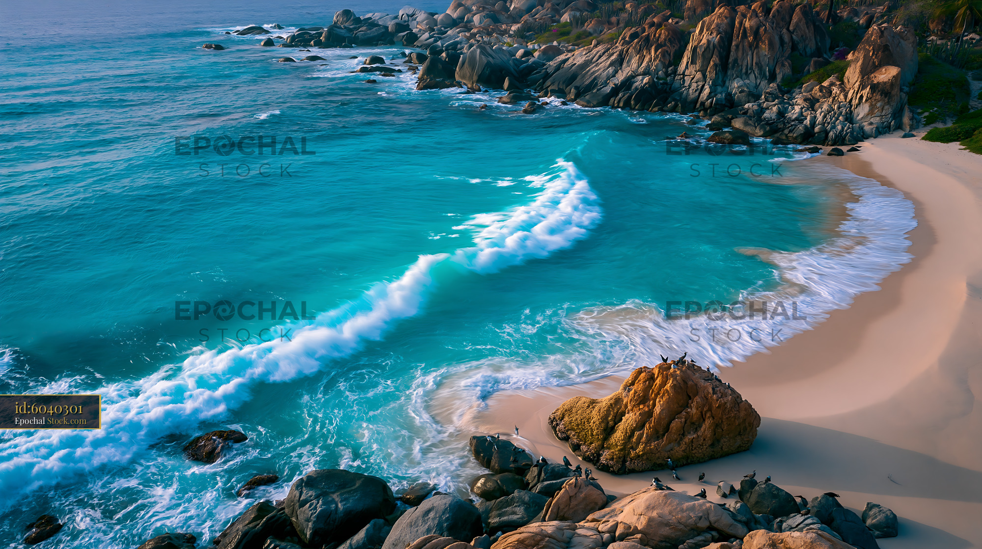 Turquoise waves crashing on a rocky tropical beach with birds - stock photo