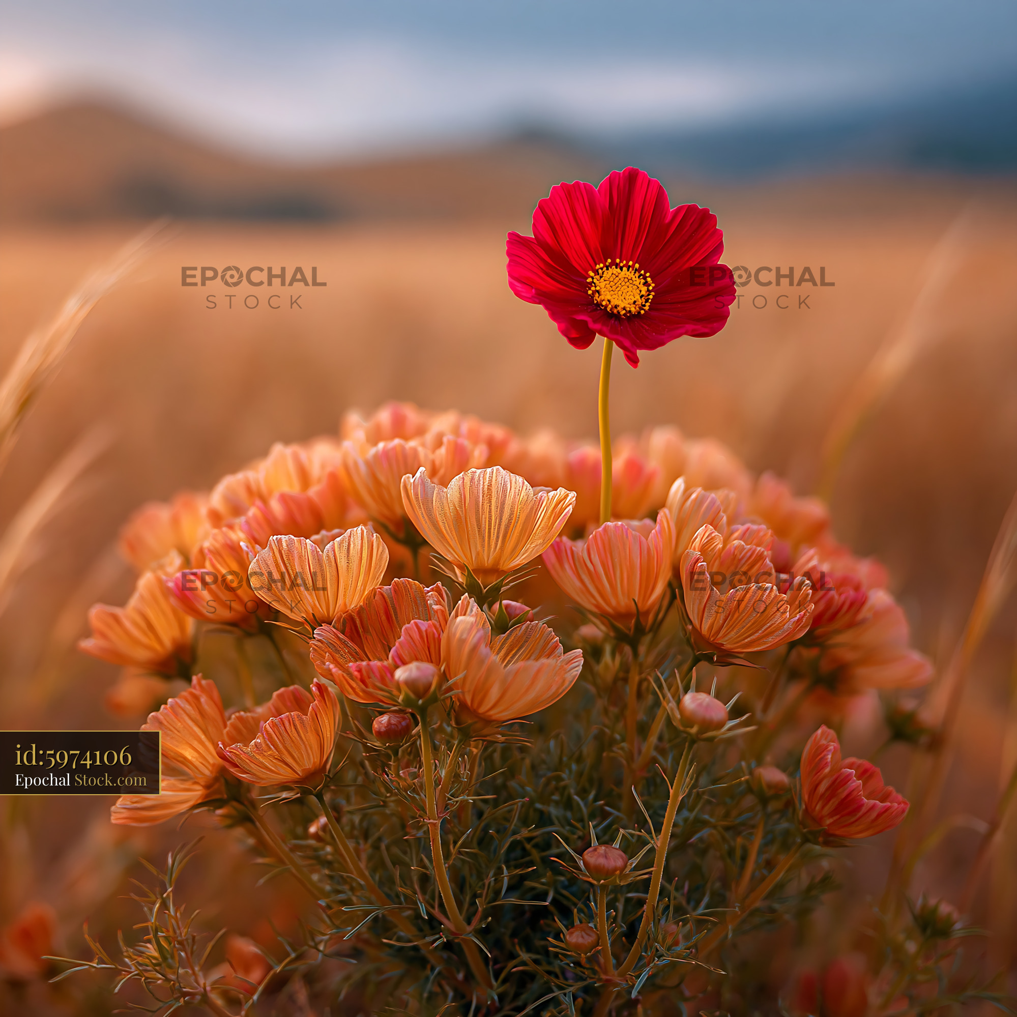Single red cosmos flower rising above orange wildflowers in a meadow - stock photo