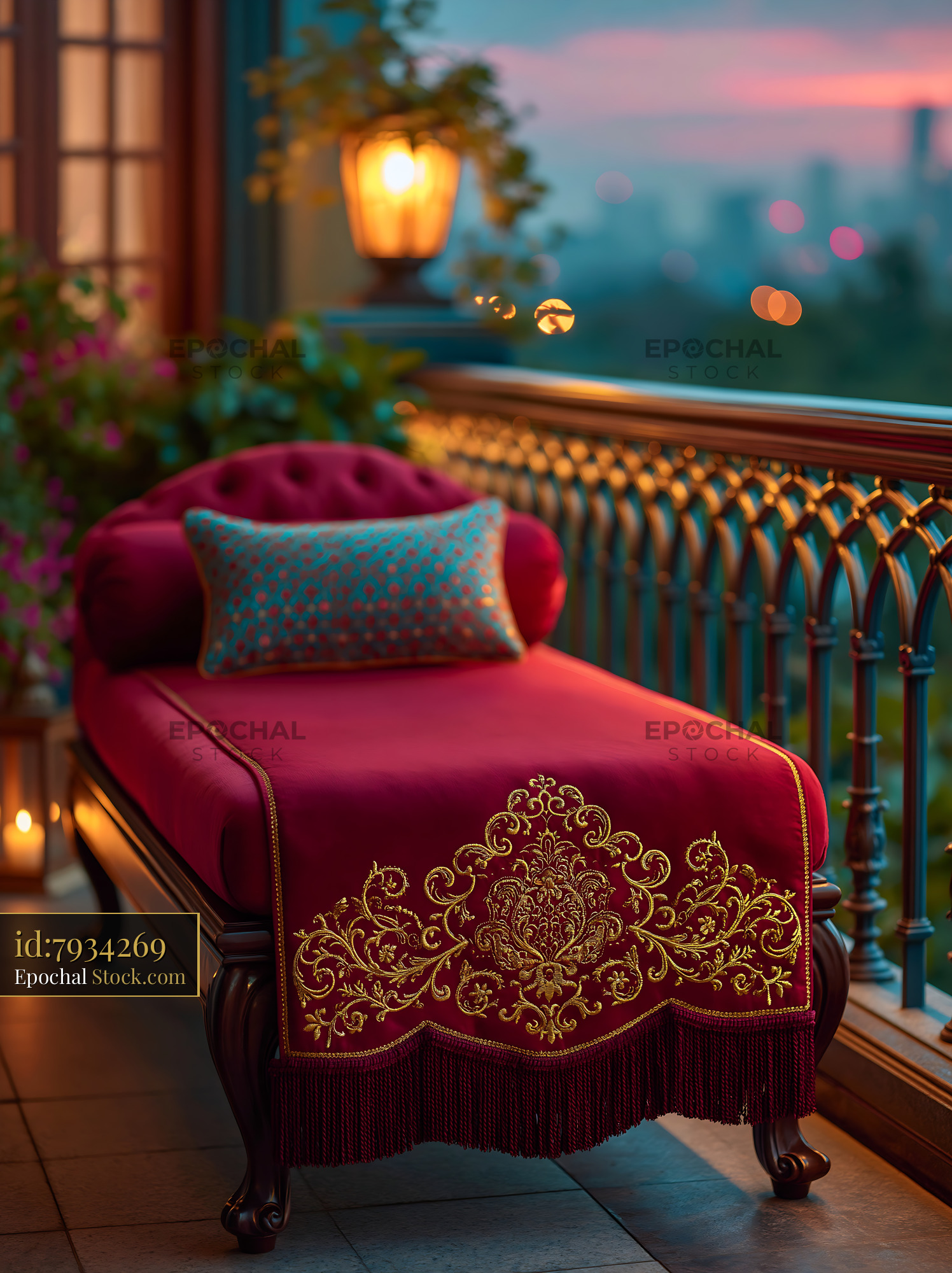 Elegant red velvet balcony bench with throw at sunset - stock photo