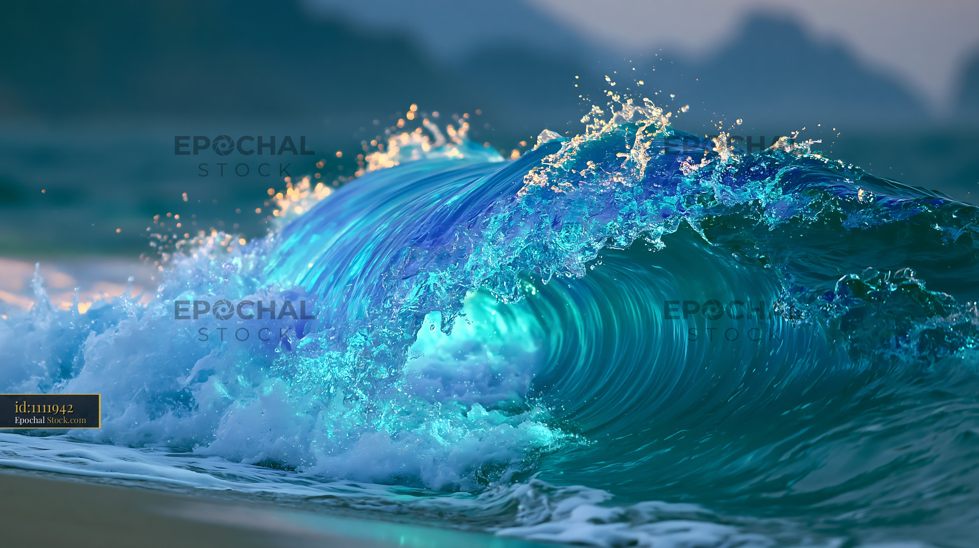 Powerful turquoise sunrise wave breaking on a tropical beach - stock photo