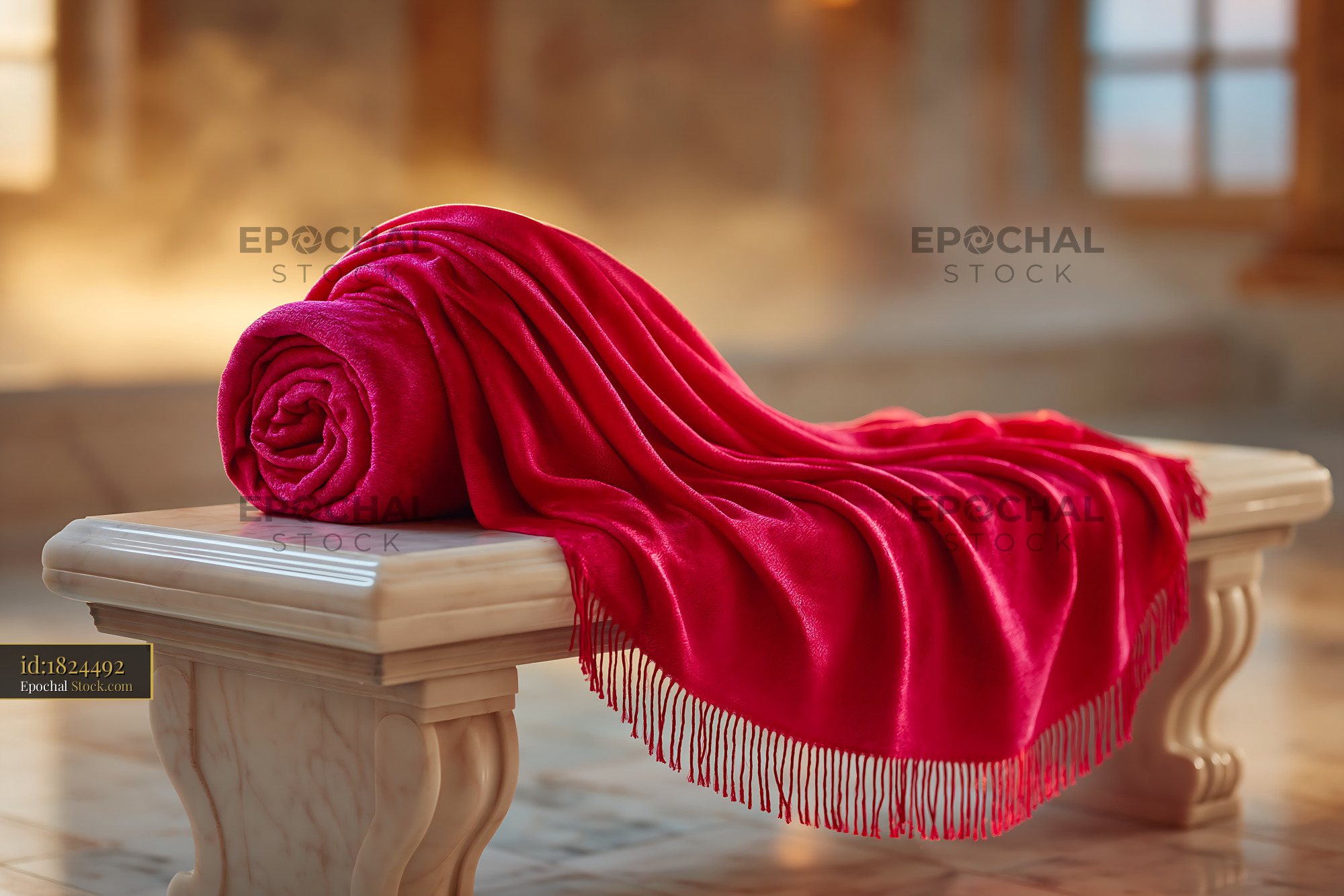 Red cashmere throw on bench in sunlit luxury interior - stock photo