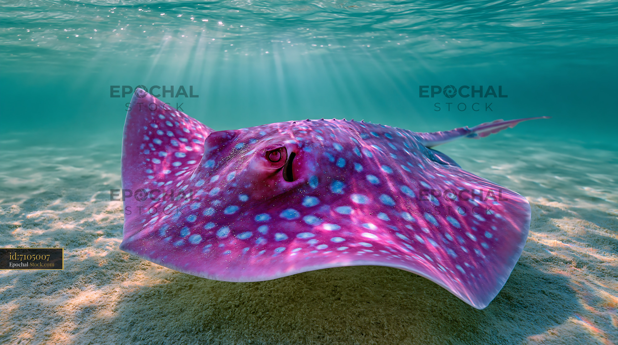 Vibrant pink spotted stingray gliding over a sandy ocean floor - stock photo