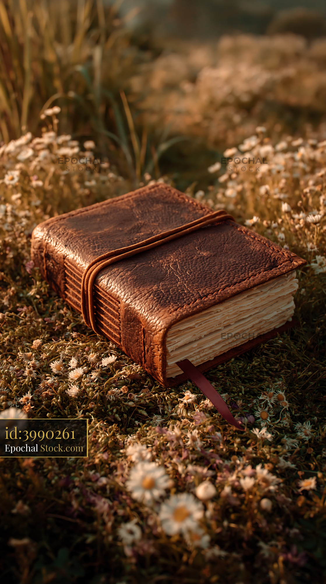 Vintage leather journal on a flowery meadow floor at sunset