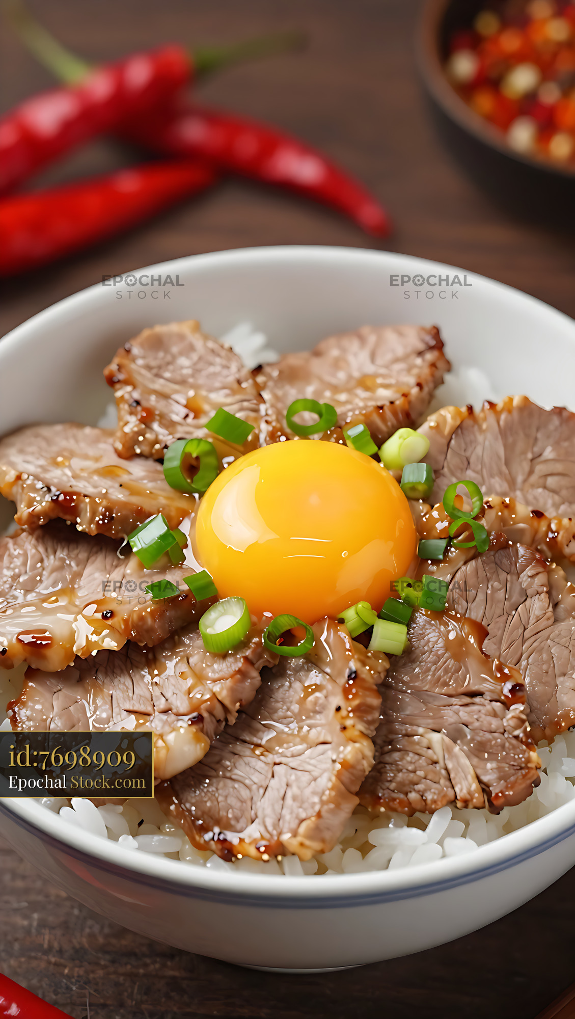Hokkaido Buta Don with grilled pork slices and raw egg yolk on rice - stock photo