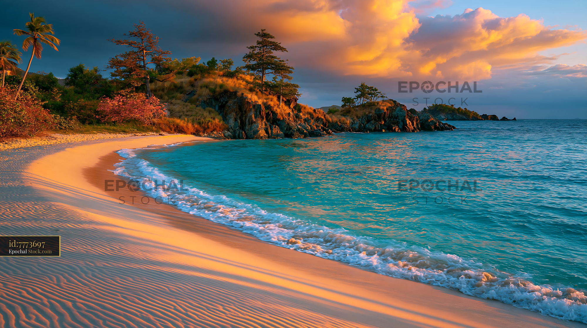 Tropical beach with golden sand and turquoise water at sunset - stock photo