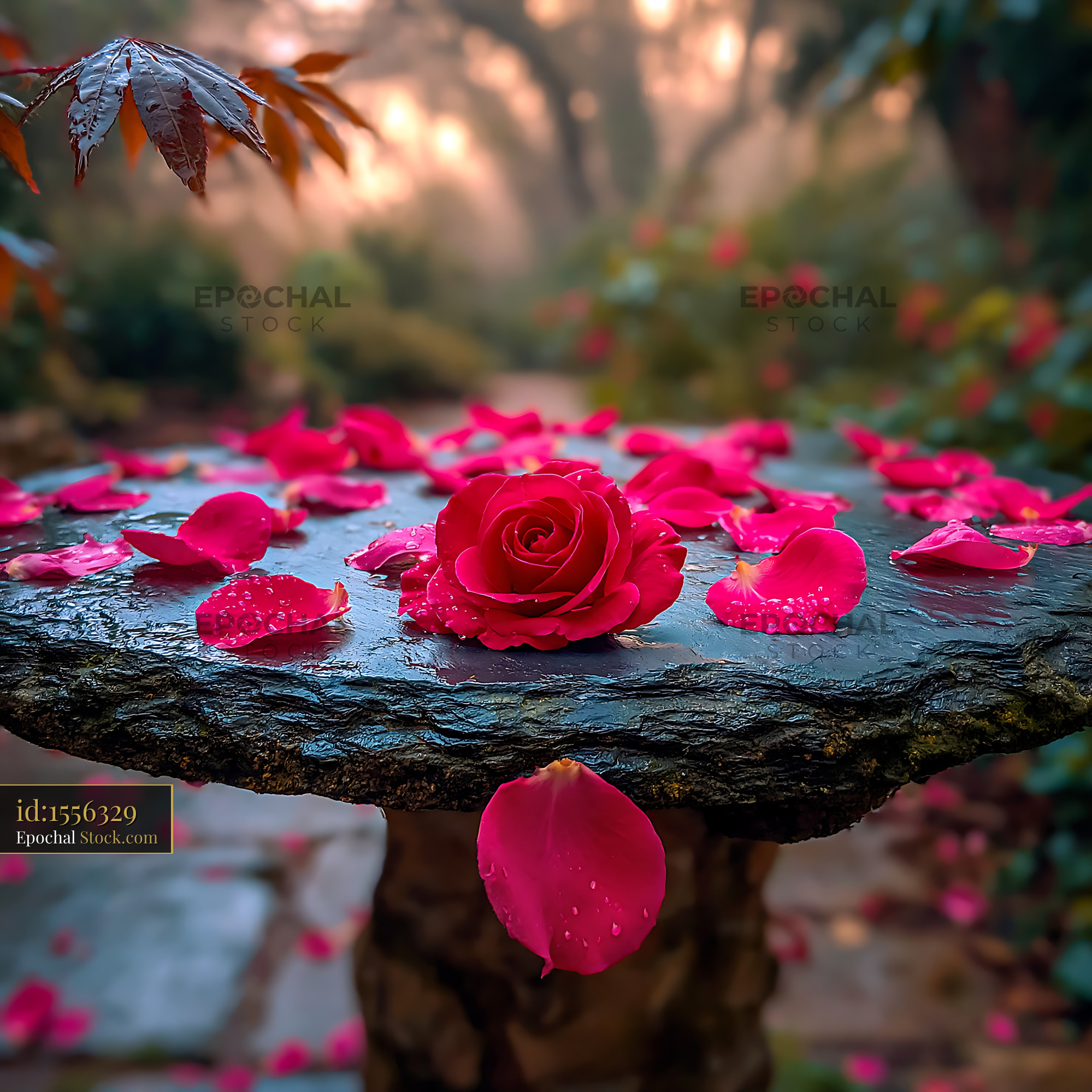 Red rose and scattered rose petals on garden table in misty morning li - stock photo