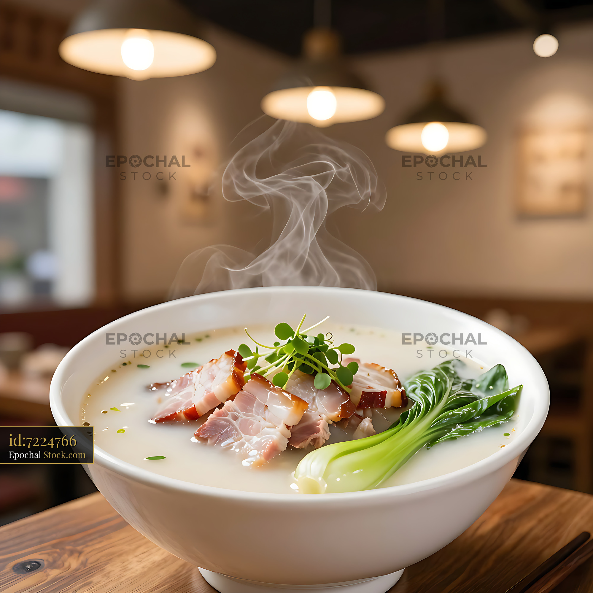 Steaming bowl of Anhui Zang Rou Yan Du Xian noodle soup in restaurant - stock photo