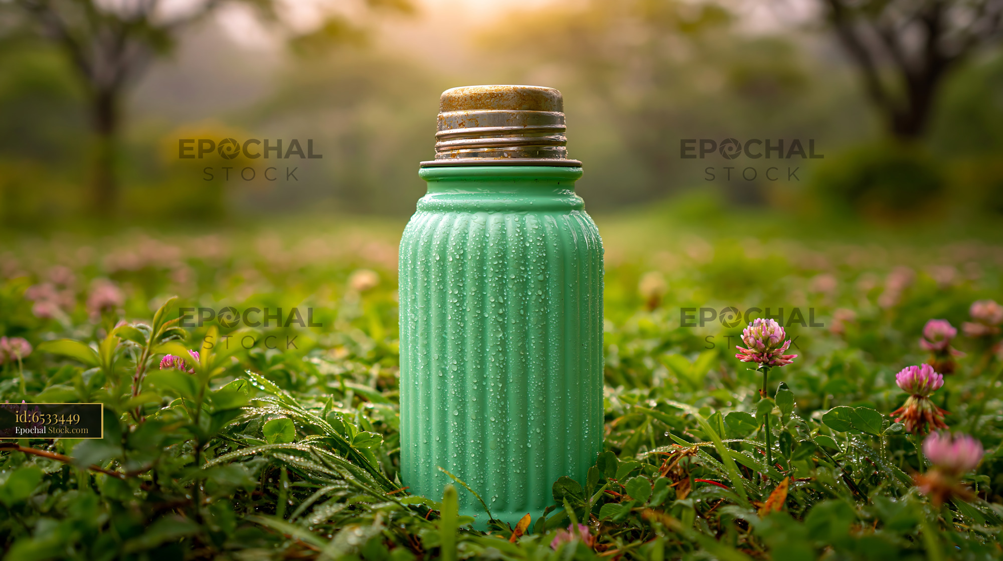 Vintage mint green thermos bottle with dew drops in spring grass - stock photo