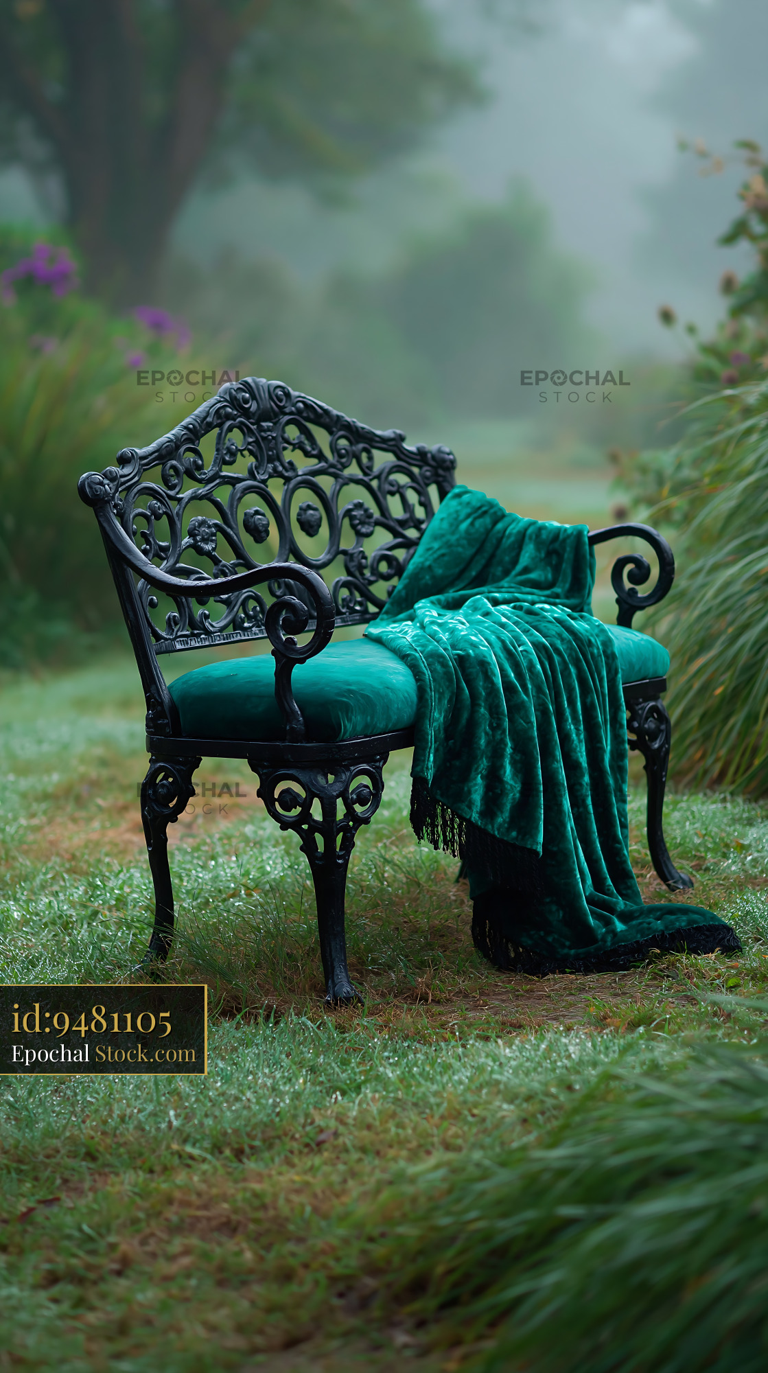 Ornate garden bench with teal velvet blanket in misty morning park - stock photo