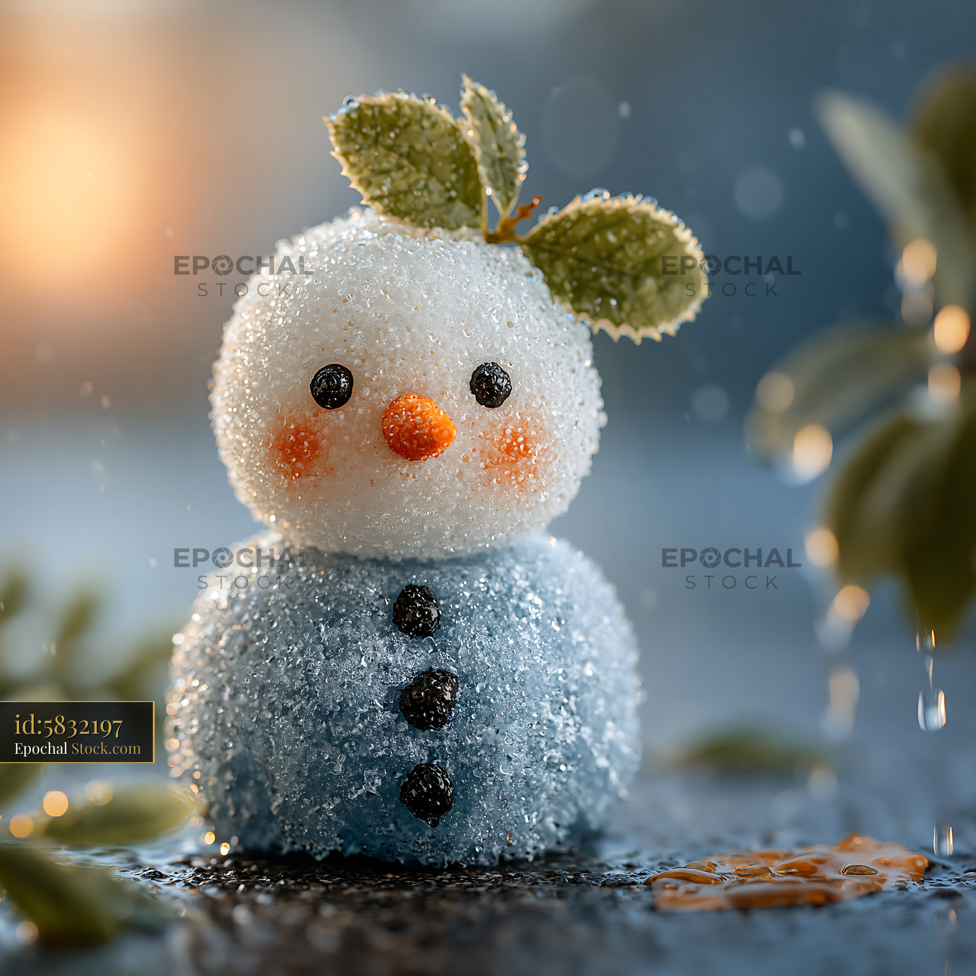 Tiny crystalline snowman melting in the warm spring sun - stock photo