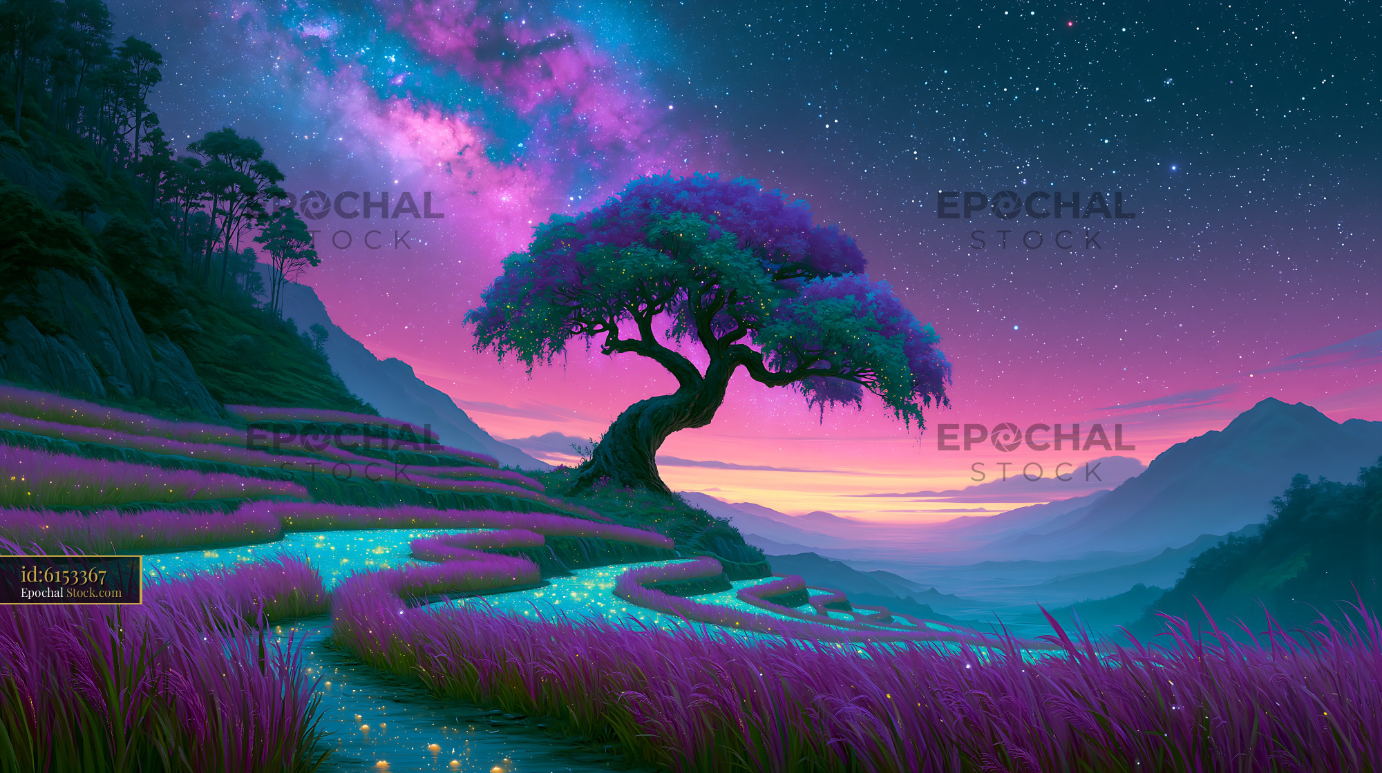 Glowing fantasy tree on terraced fields under a starry nebula sky - stock photo
