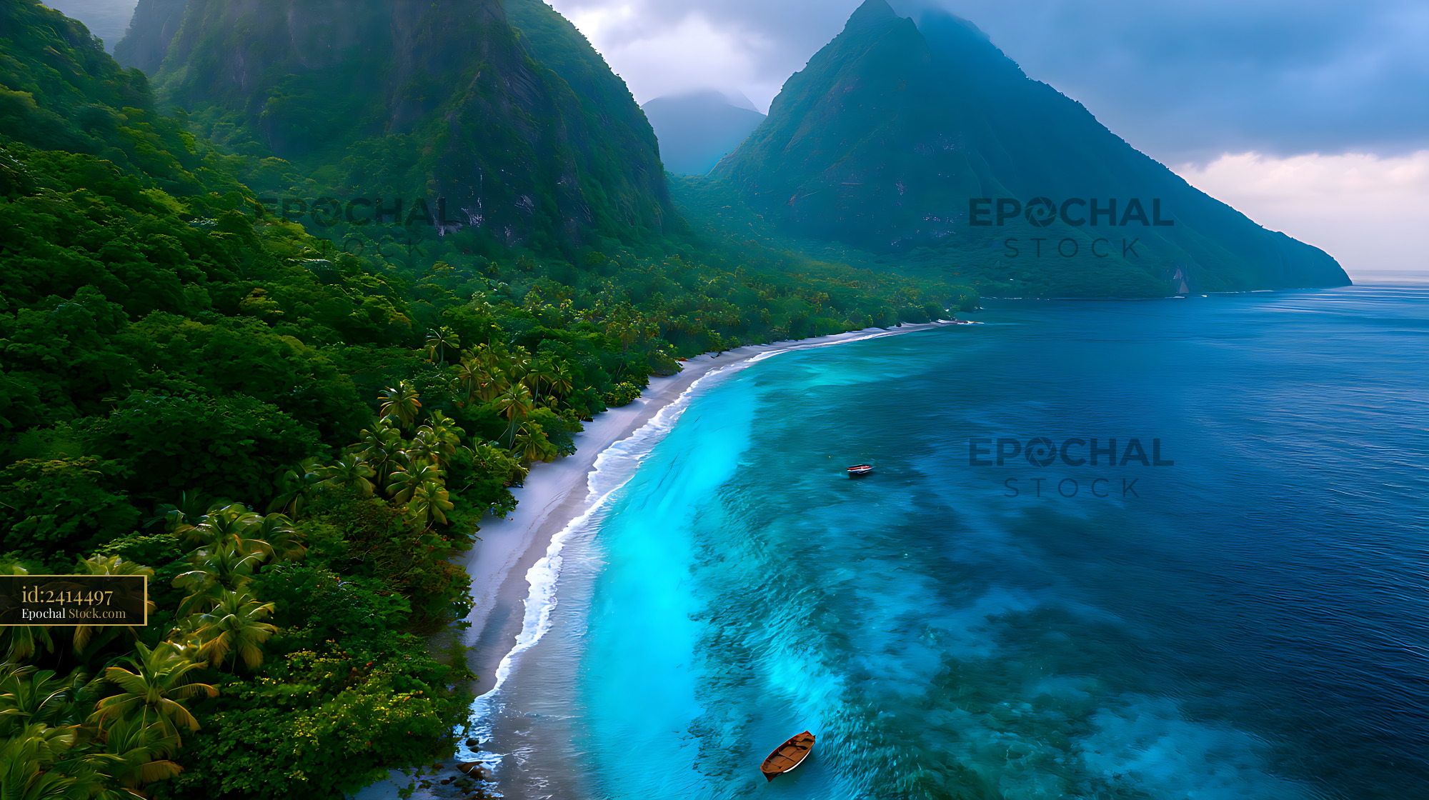 Aerial view of Sugar Beach and emerald Pitons at turquoise bay - stock photo