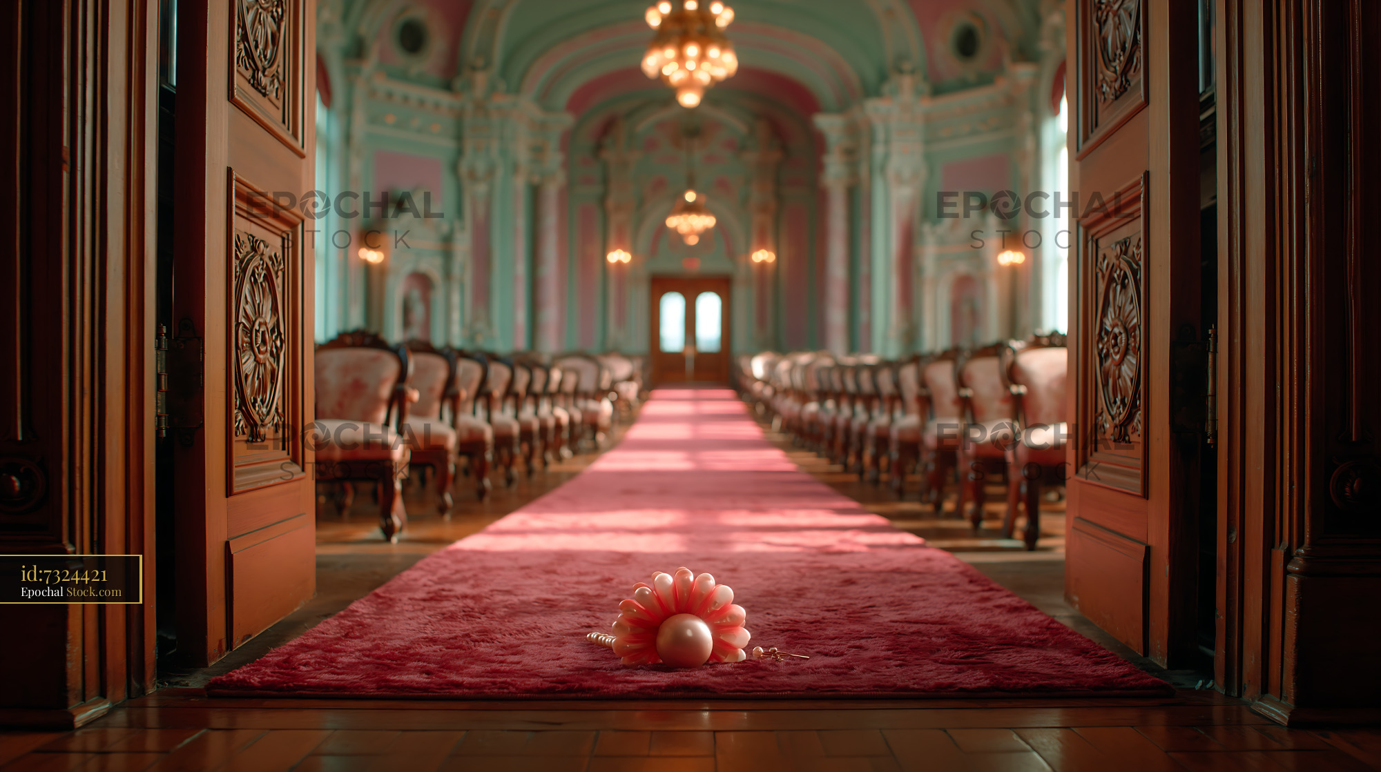 Lost pink accessory on an empty red carpet aisle in a grand hall - stock photo