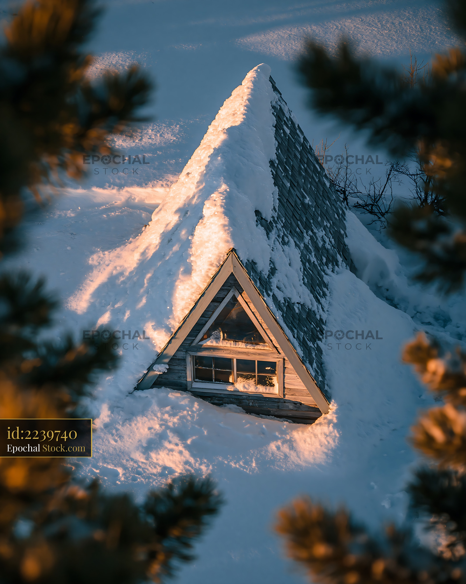 Snow covered empty cabin in winter wilderness during golden hour - stock photo