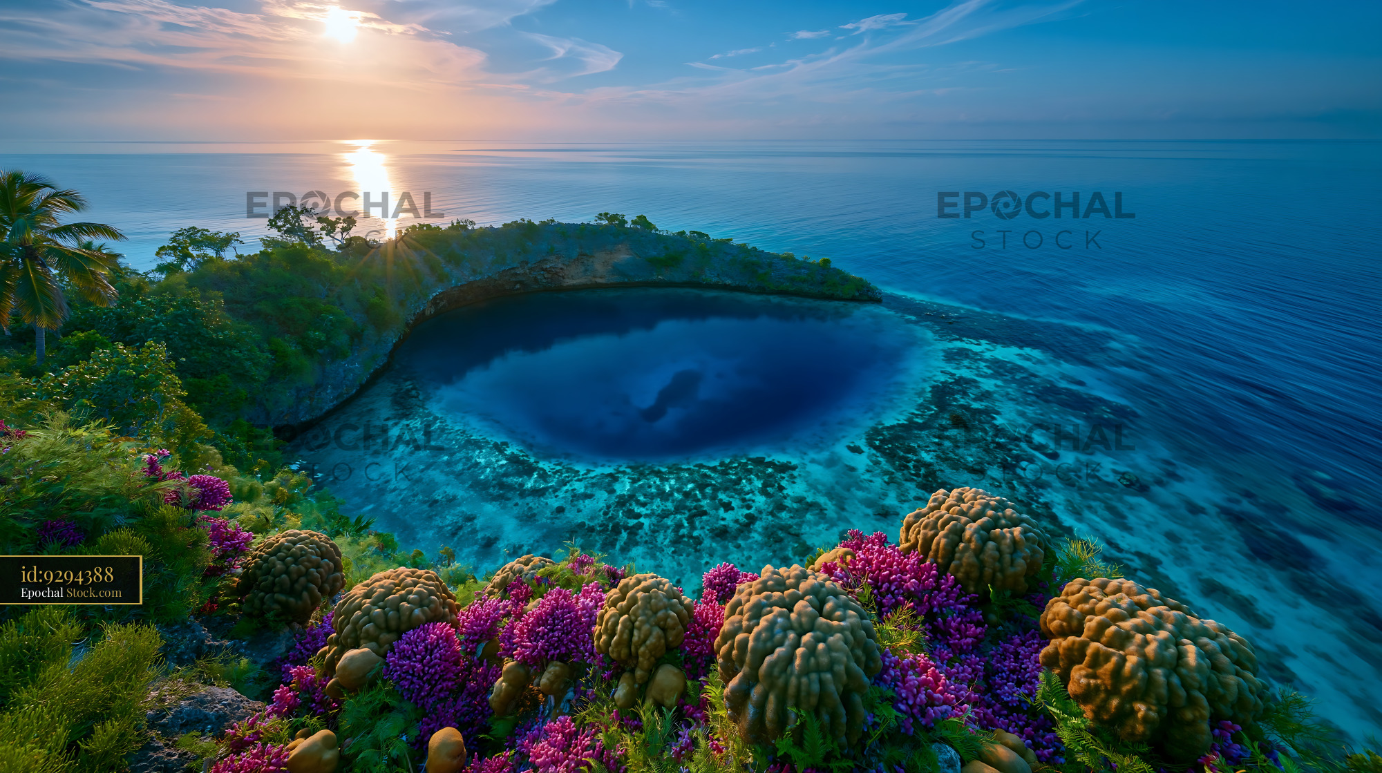 Tropical blue hole and coral reef at sunrise in the Maldives
