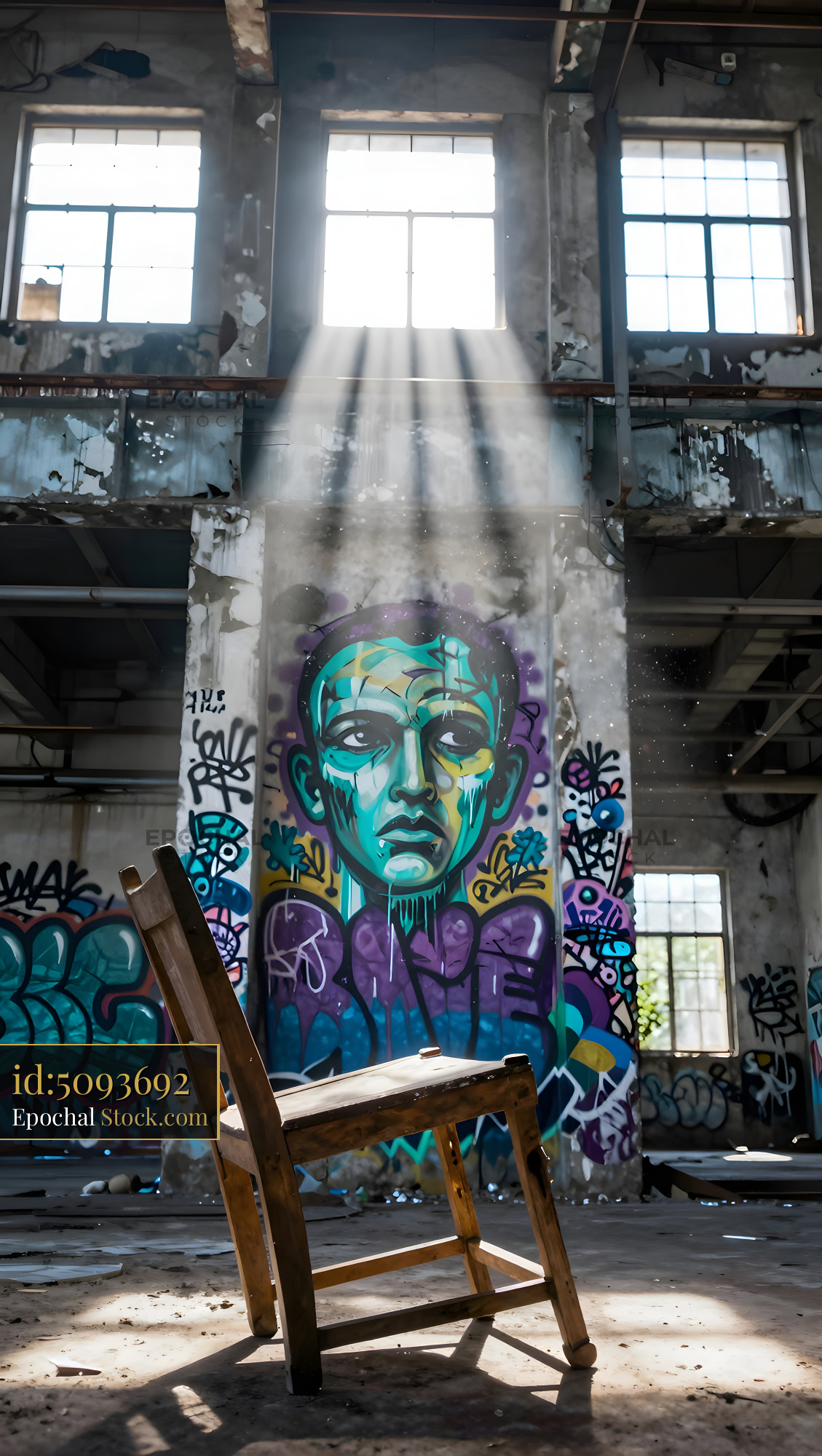 A wooden chair stands alone in a space filled with graffiti Premium Stock Image - stock photo