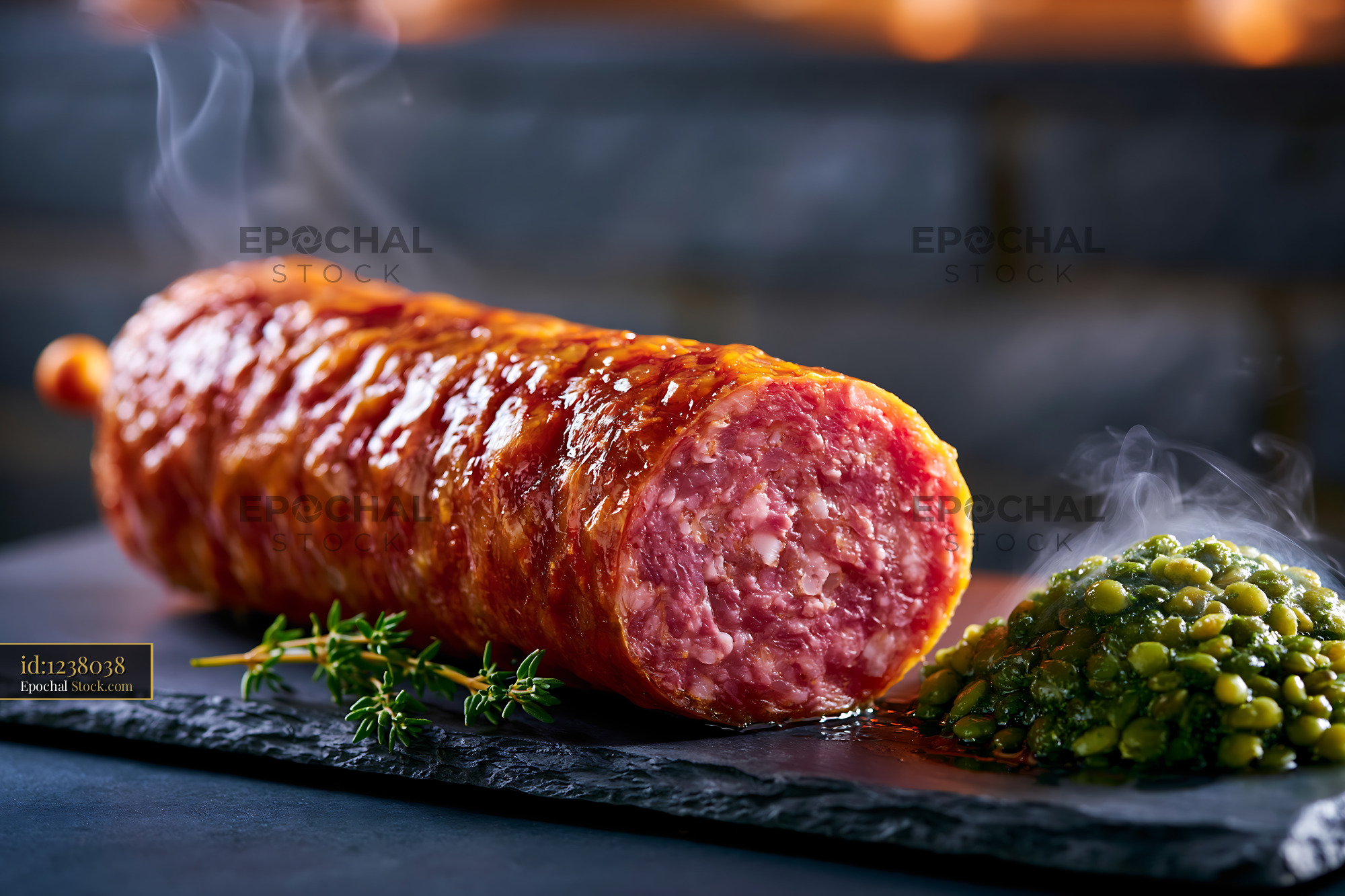 Hot smoked saucisse de morteau meat served with green lentils - stock photo