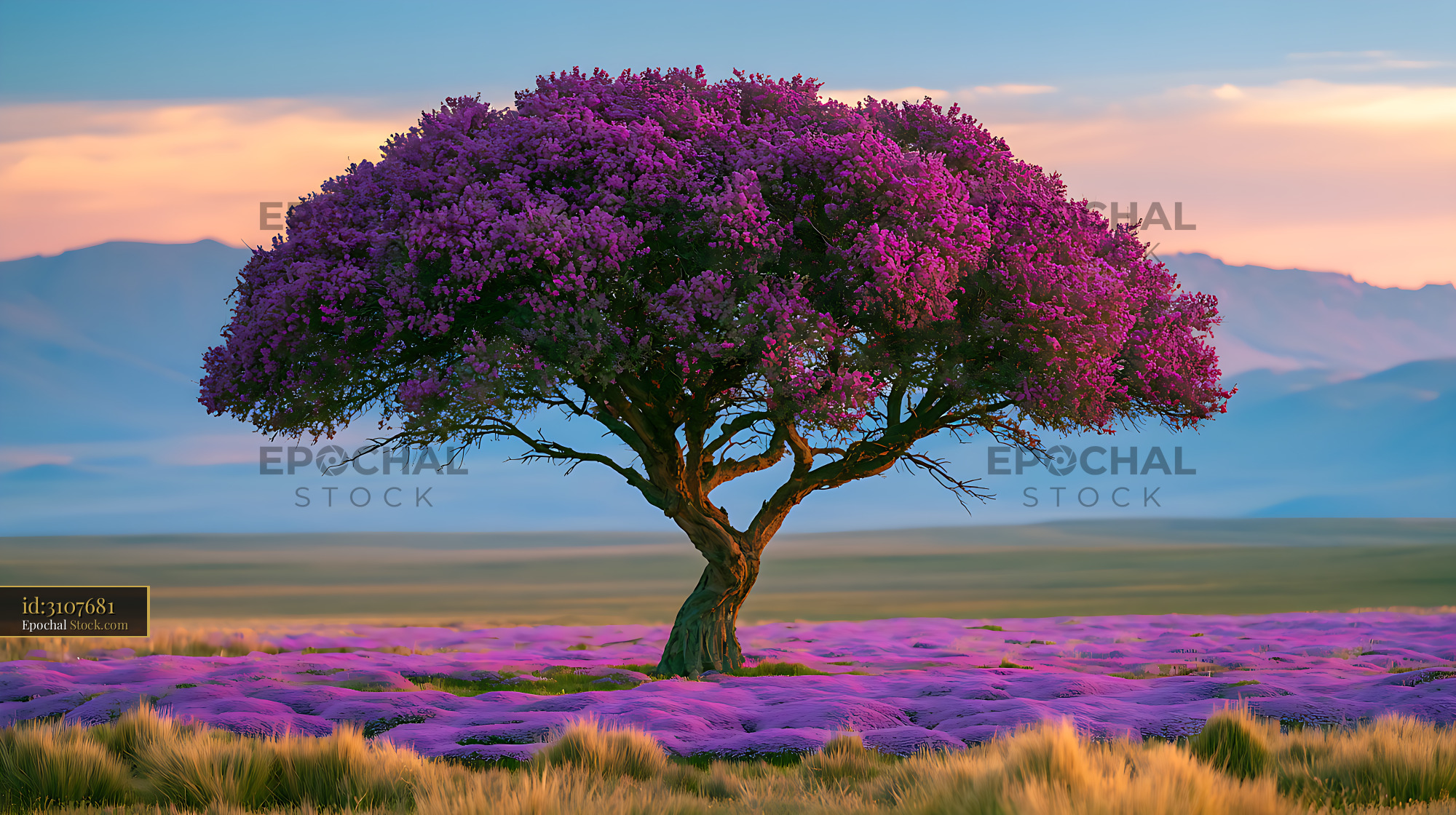 Solitary polylepis tree with purple blossoms in the Bolivian Altiplano - stock photo