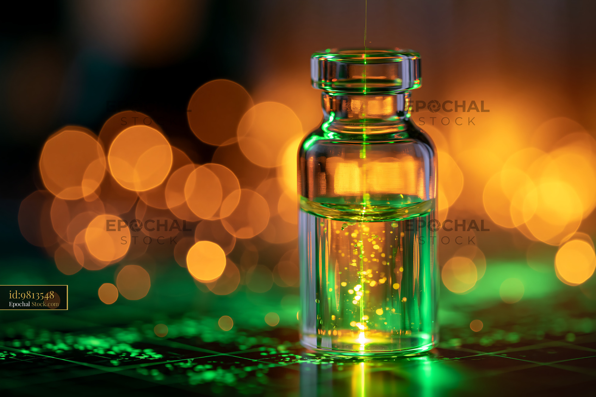 Glass vial with green laser light scattering for chromatography - stock photo