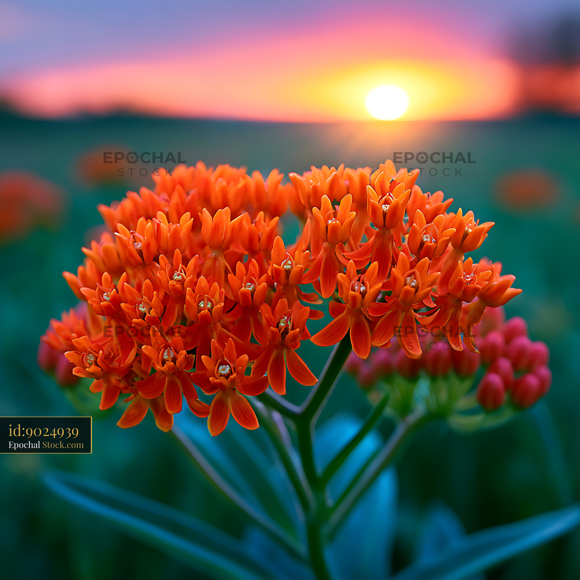 Vibrant orange butterfly milkweed blooming in a meadow at sunset - stock photo