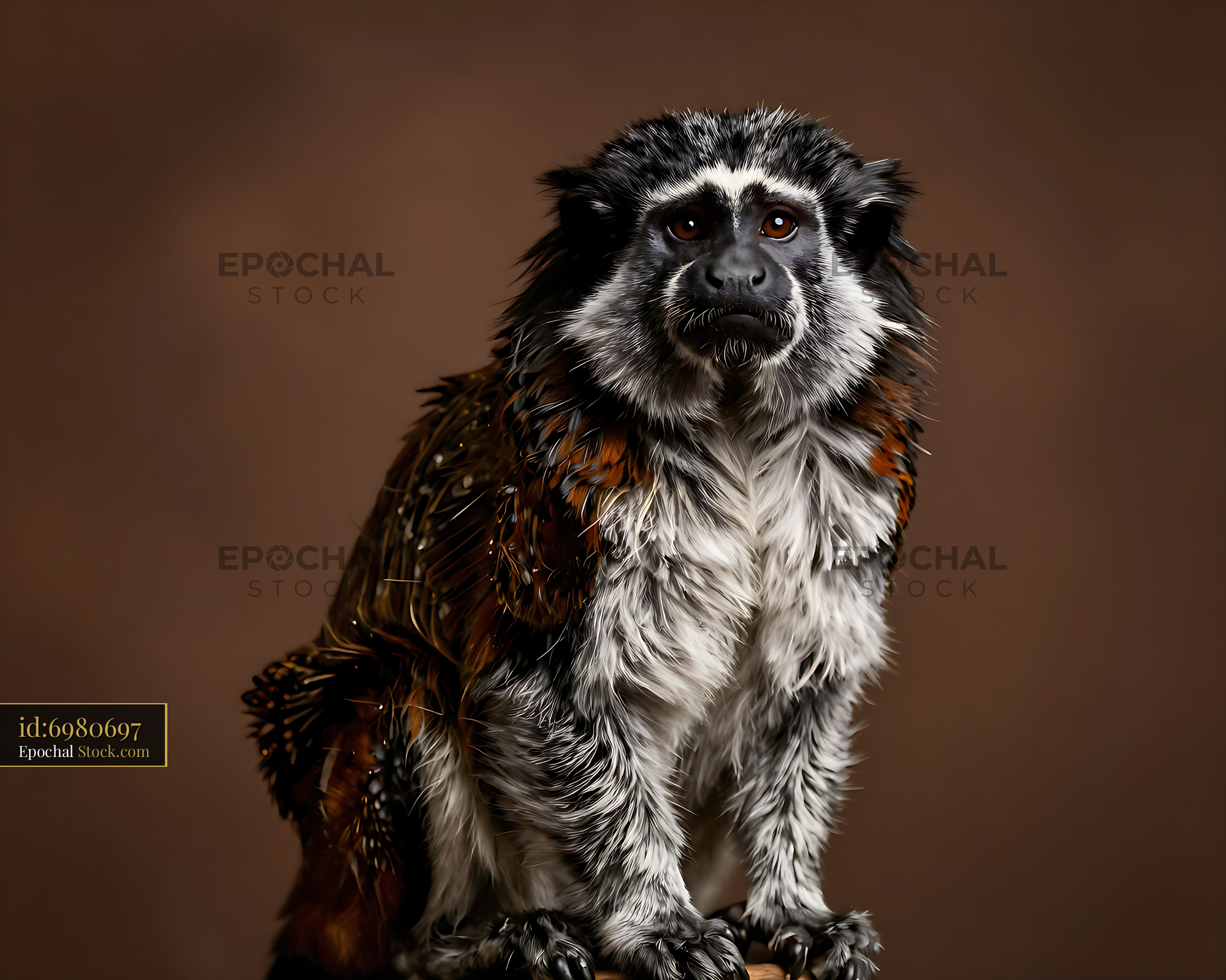 Tamarin monkey portrait with expressive eyes on brown background - stock photo