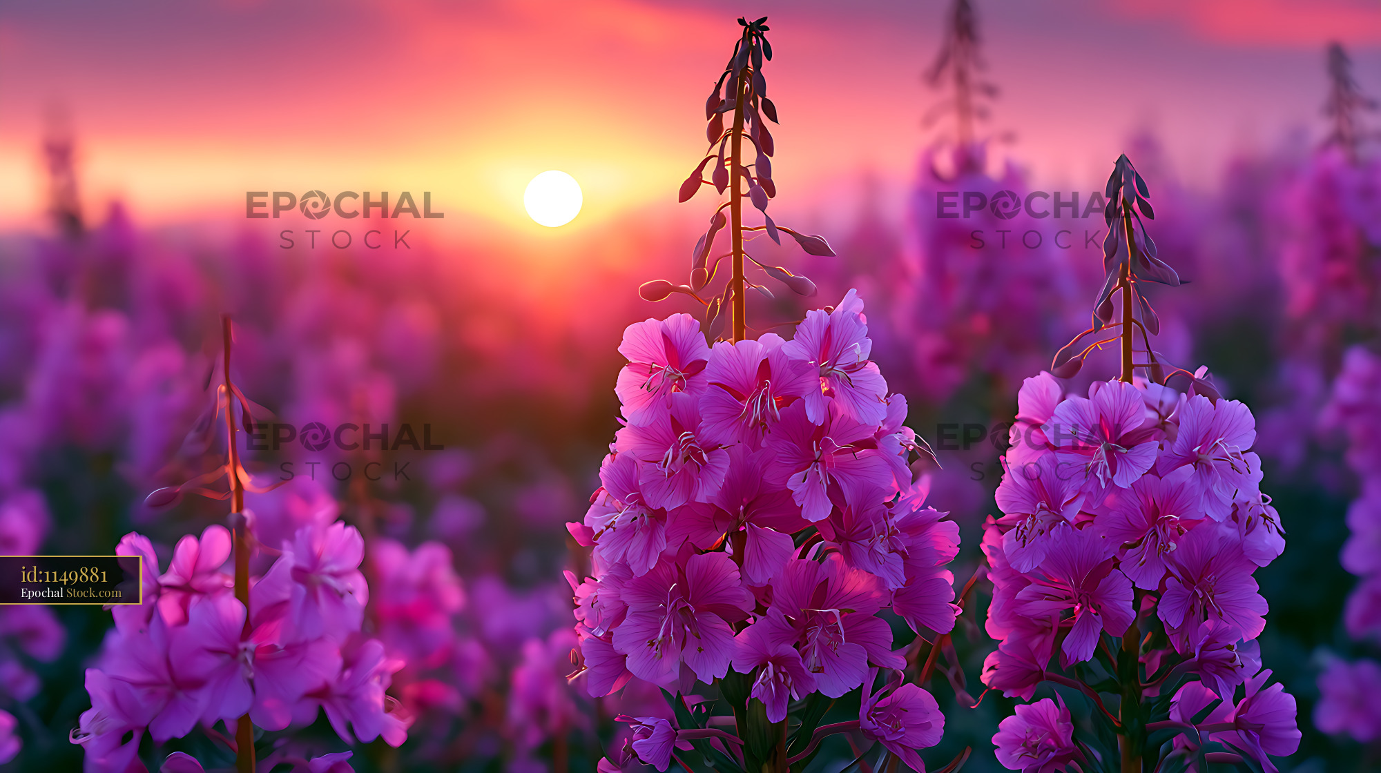 Patagonian fireweed blooming in a vibrant meadow at sunset - stock photo