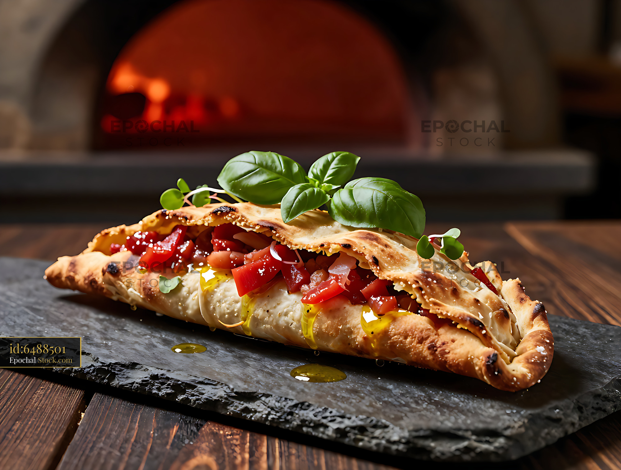 Calzone with Sicilian caponata topping and fresh basil by a pizza oven - stock photo
