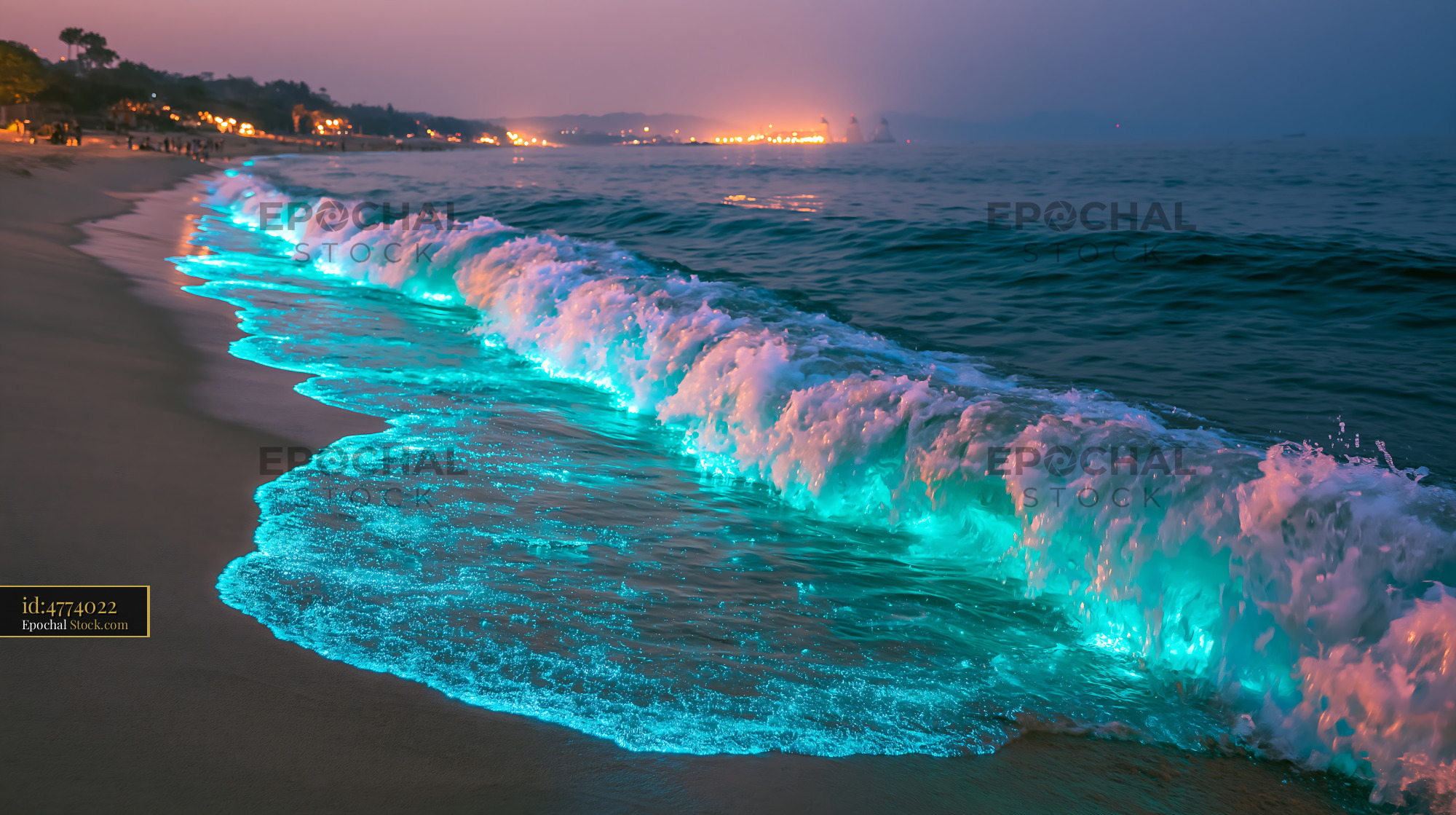 Glowing bioluminescent waves crashing on a beach at twilight - stock photo