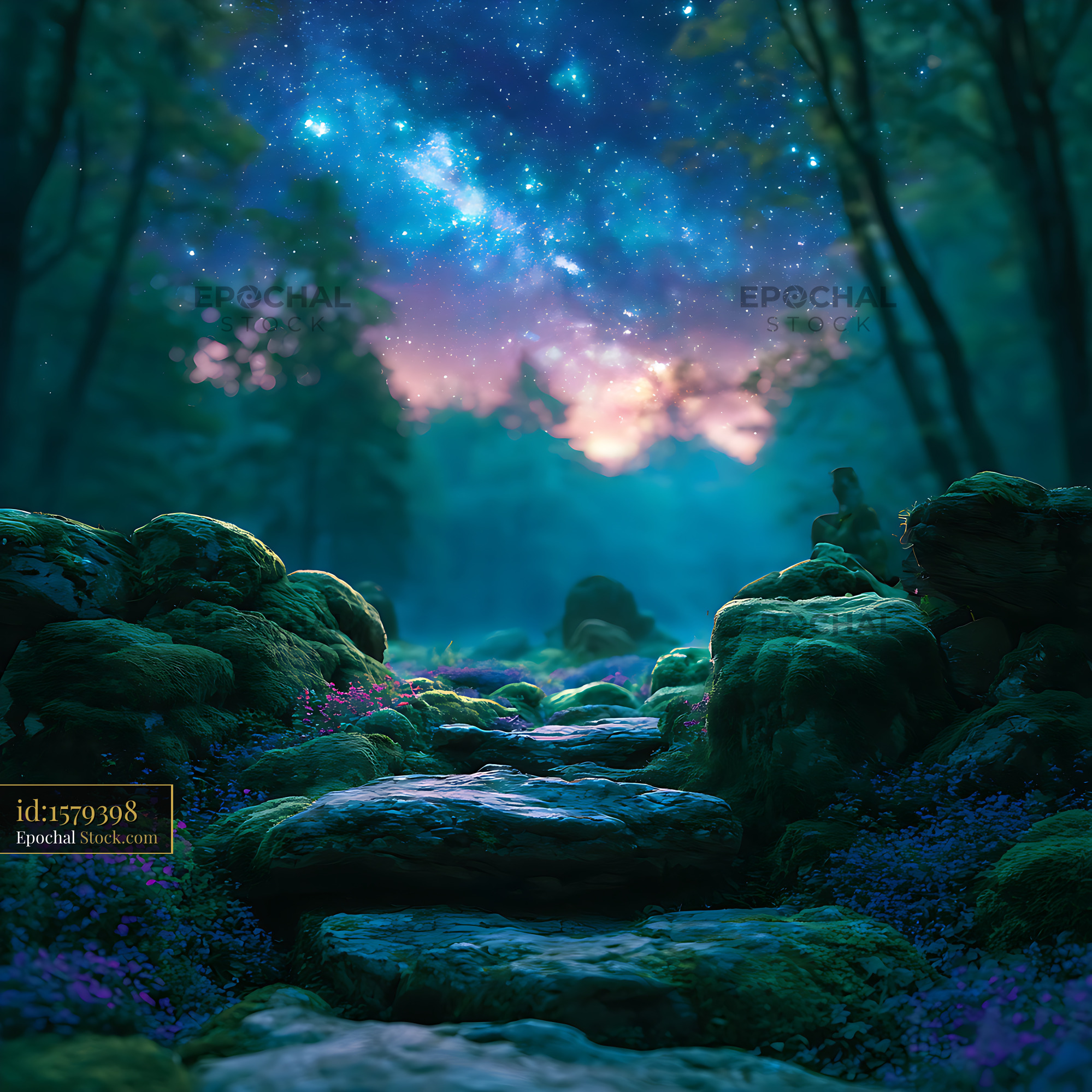 Mossy stone path leading through a mystical forest under a starry sky - stock photo