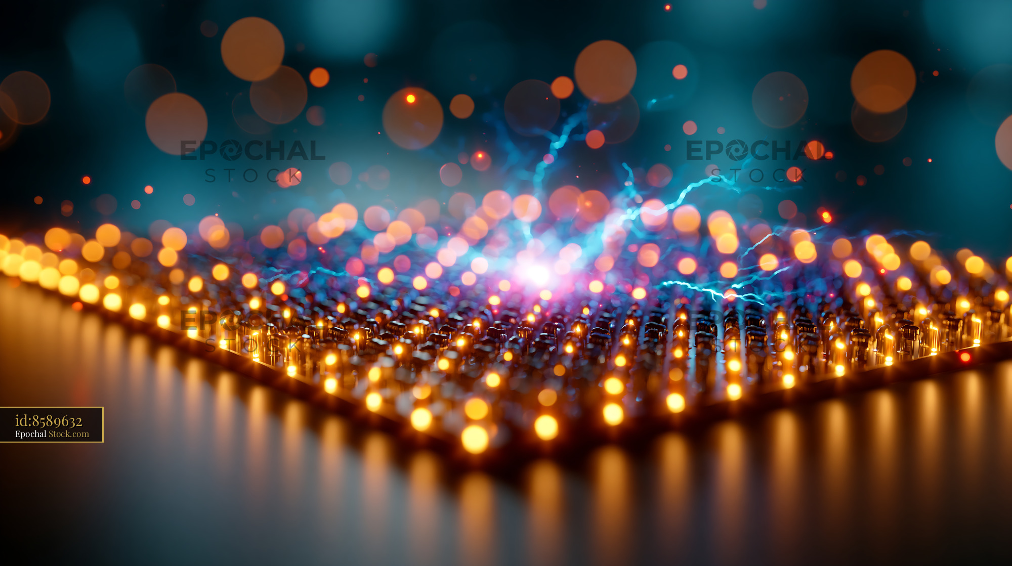 High density CMOS multielectrode array with blue electrical sparks - stock photo
