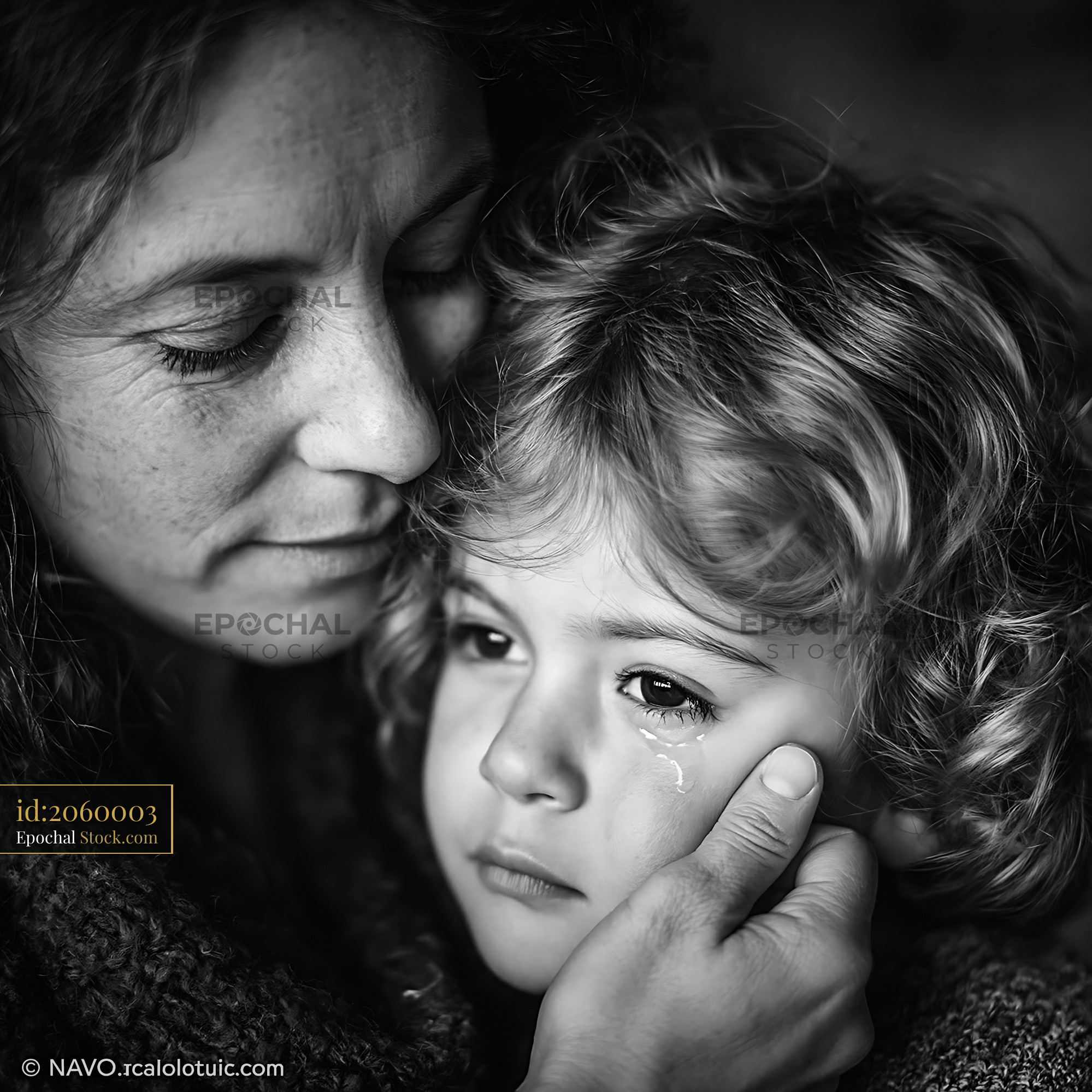 Mother comforting her crying young child while wiping a tear from chee - stock photo