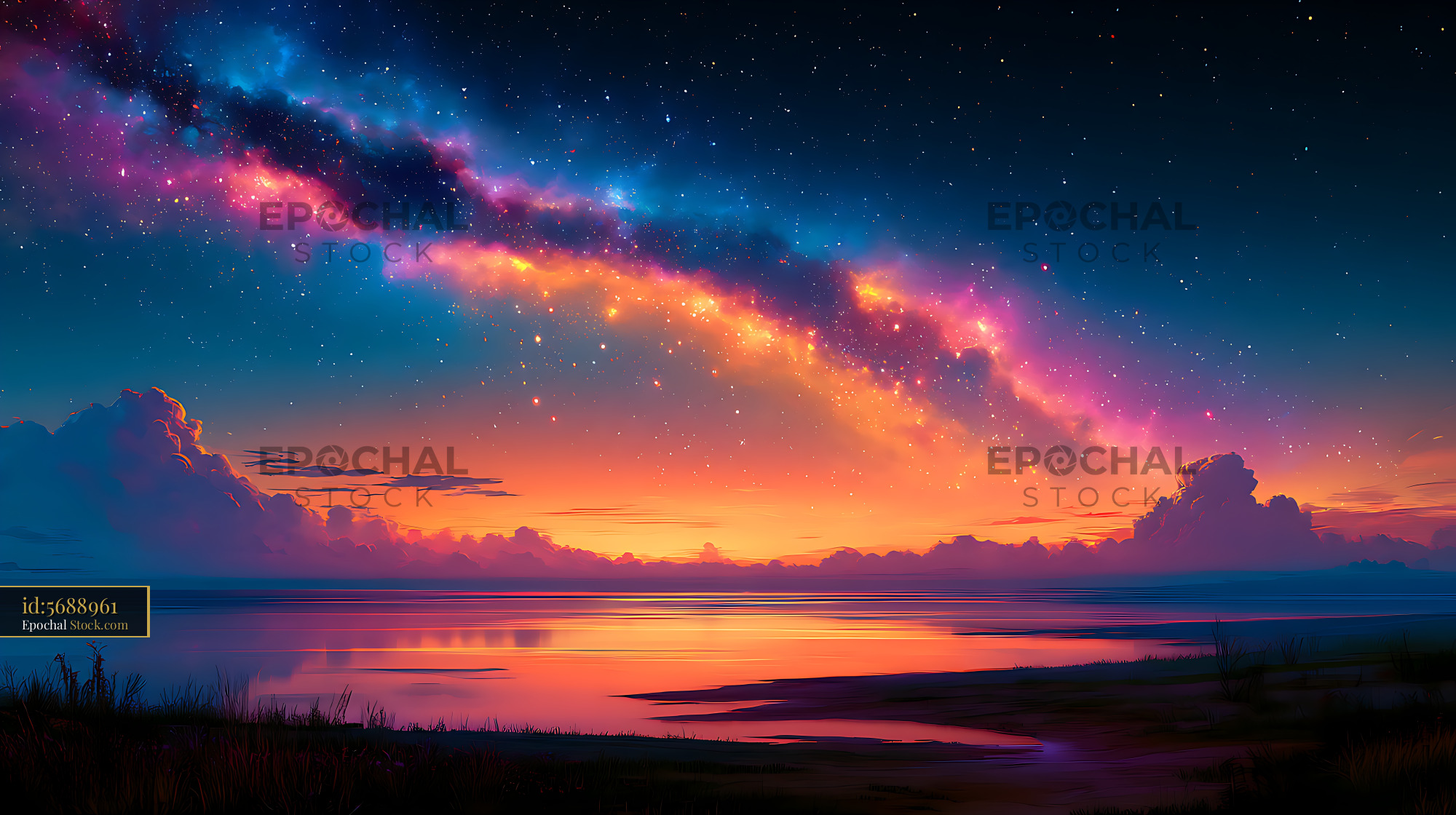 Vibrant milky way galaxy over a wide horizon plain at twilight - stock photo