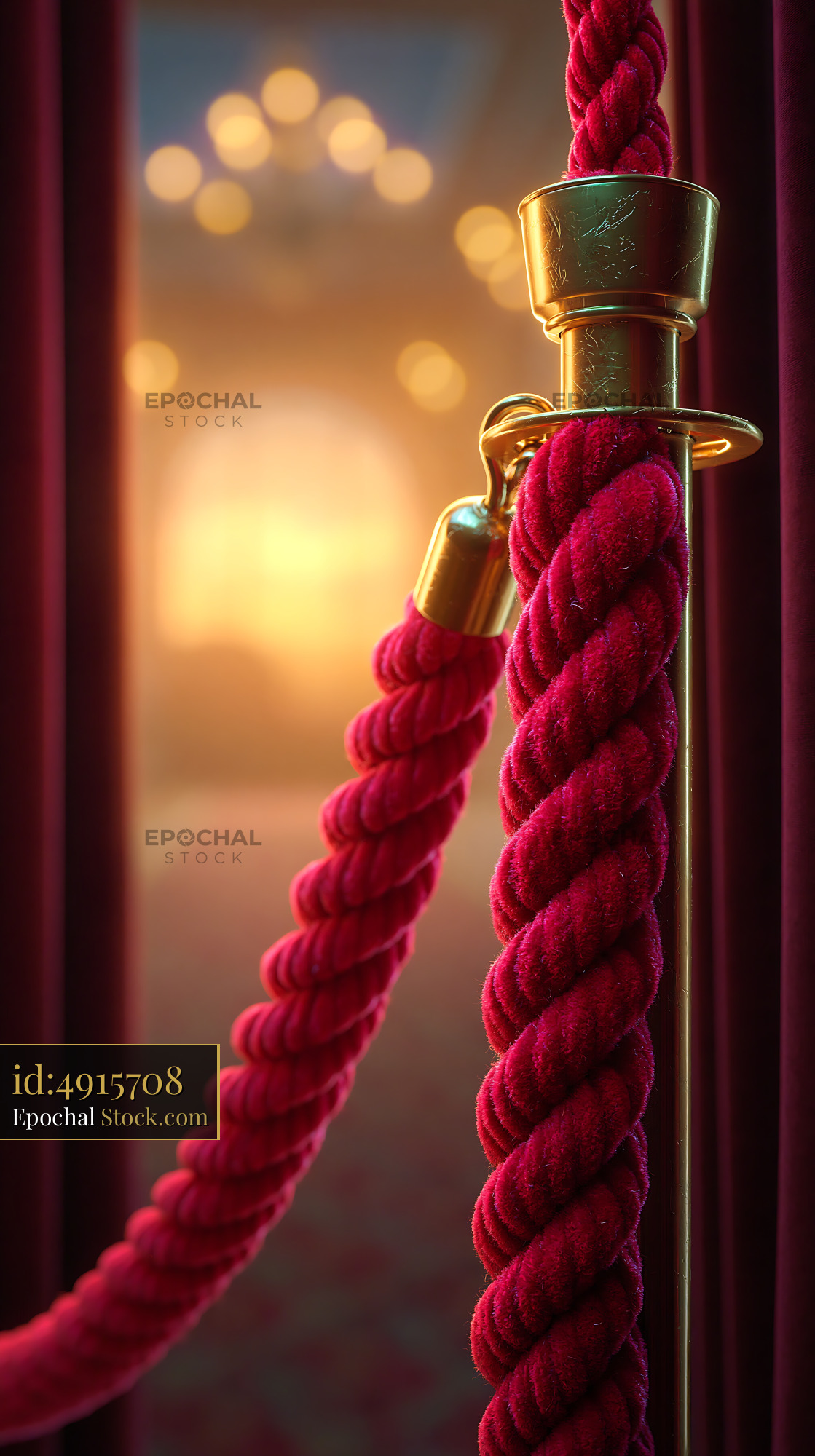 Red velvet rope with gold stanchion at a luxury event entrance - stock photo