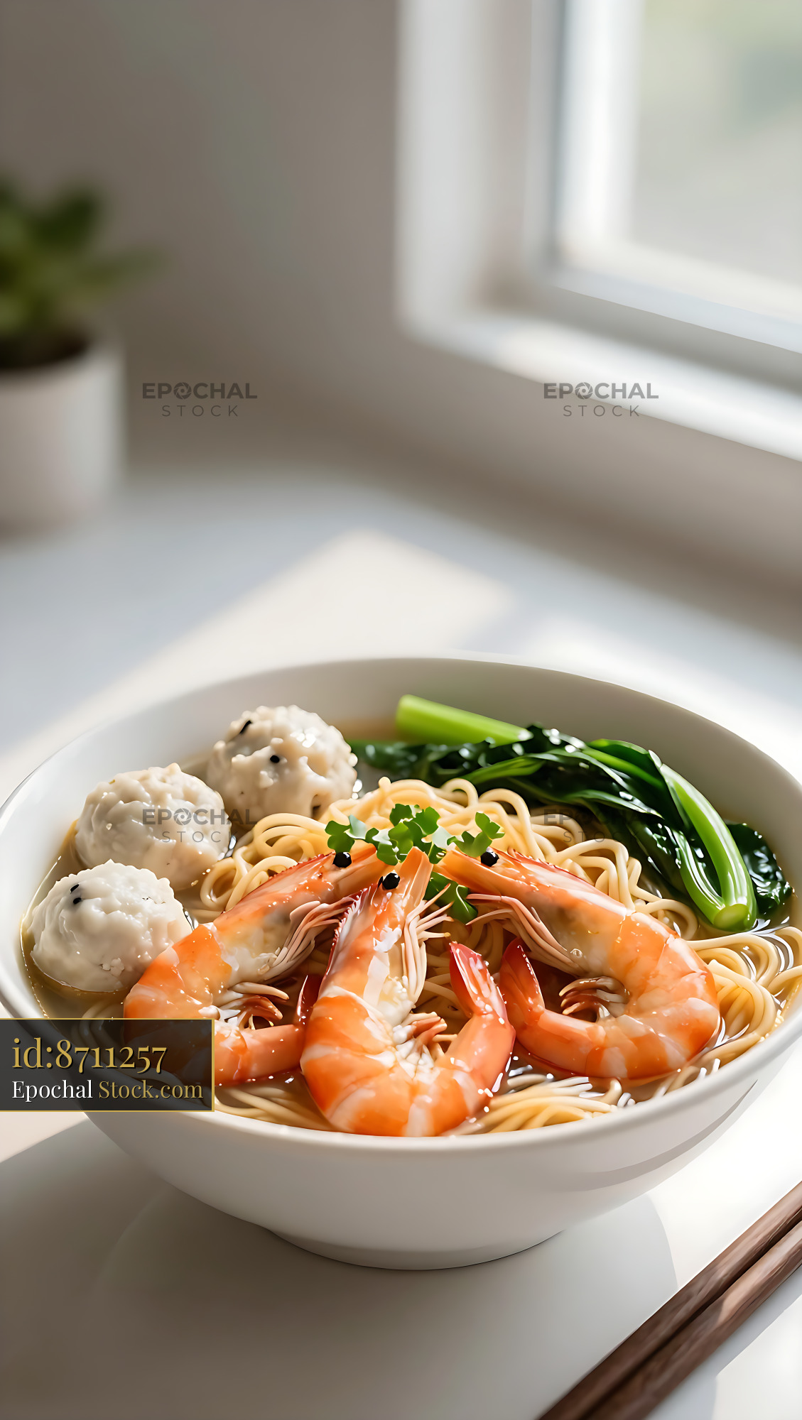 Traditional Hainan Yi Fu Mian noodle soup with shrimp and fish balls - stock photo
