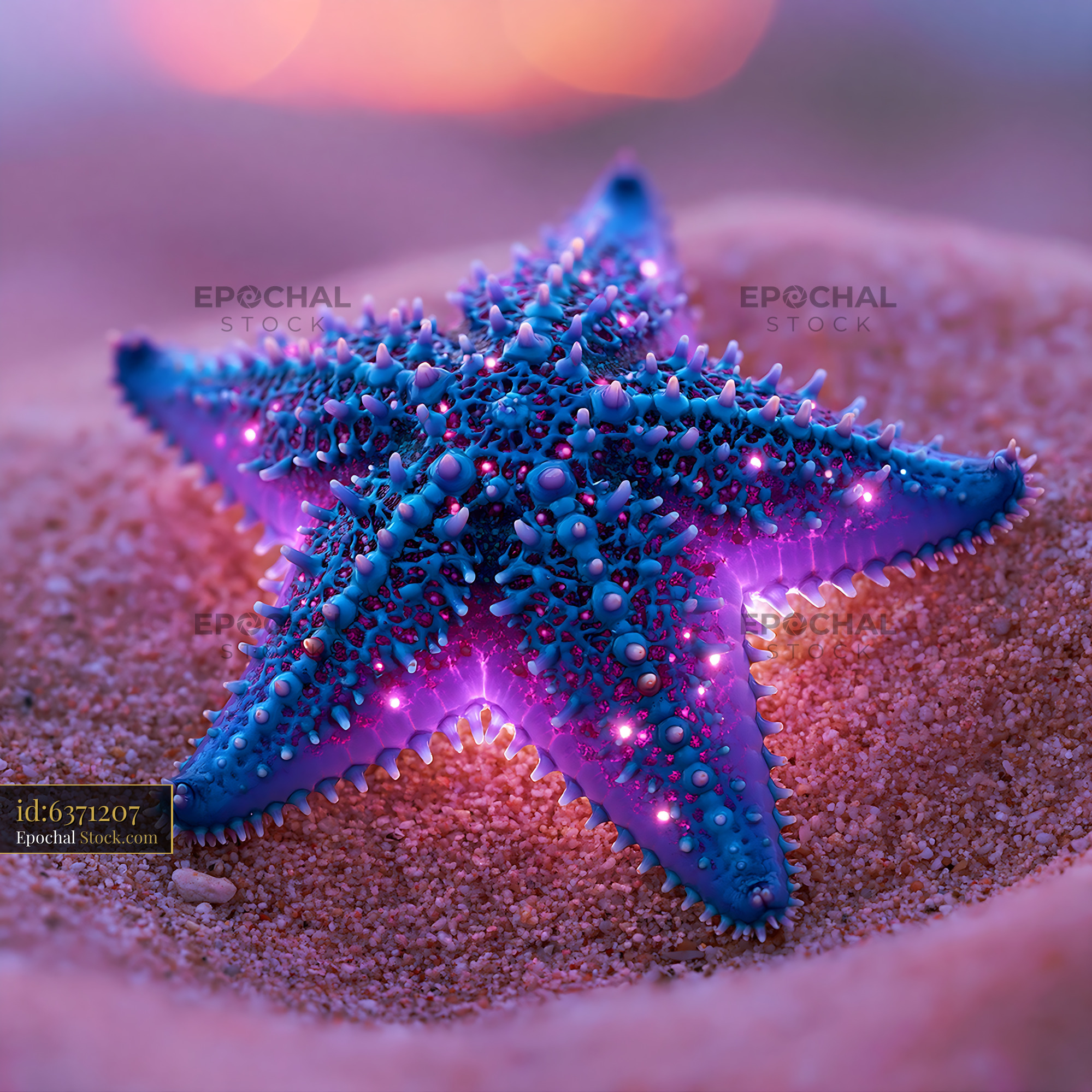 Bioluminescent blue starfish glowing on sand with a magical background - stock photo