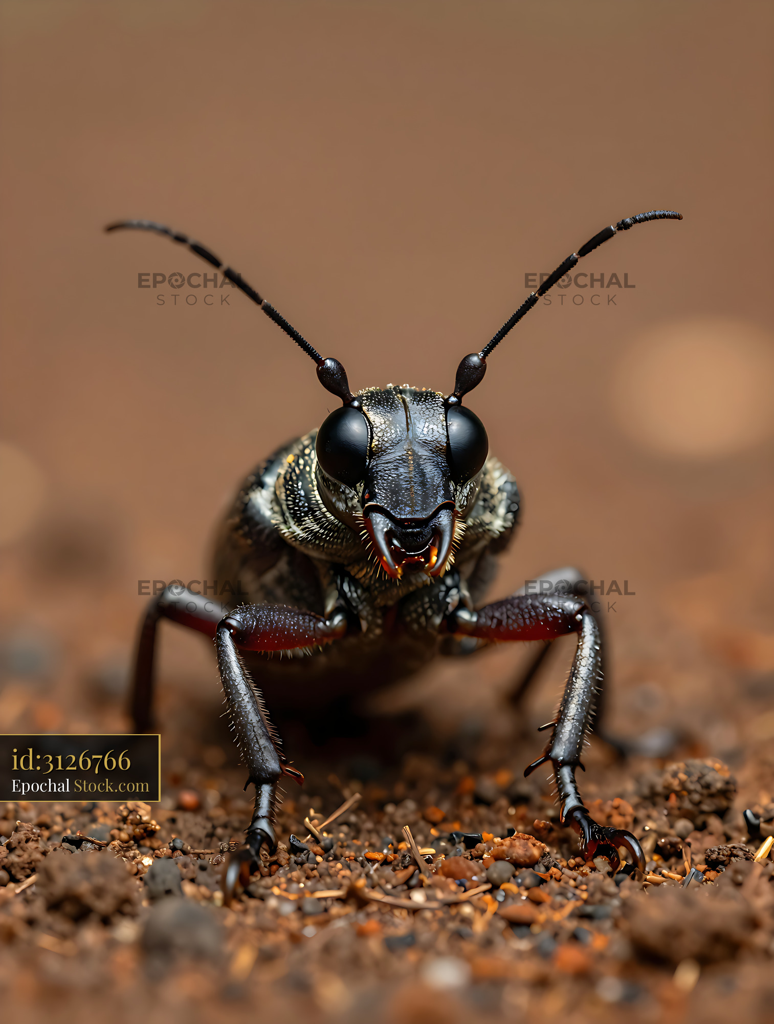 Frog-faced weevil with large black eyes on earthy ground - stock photo
