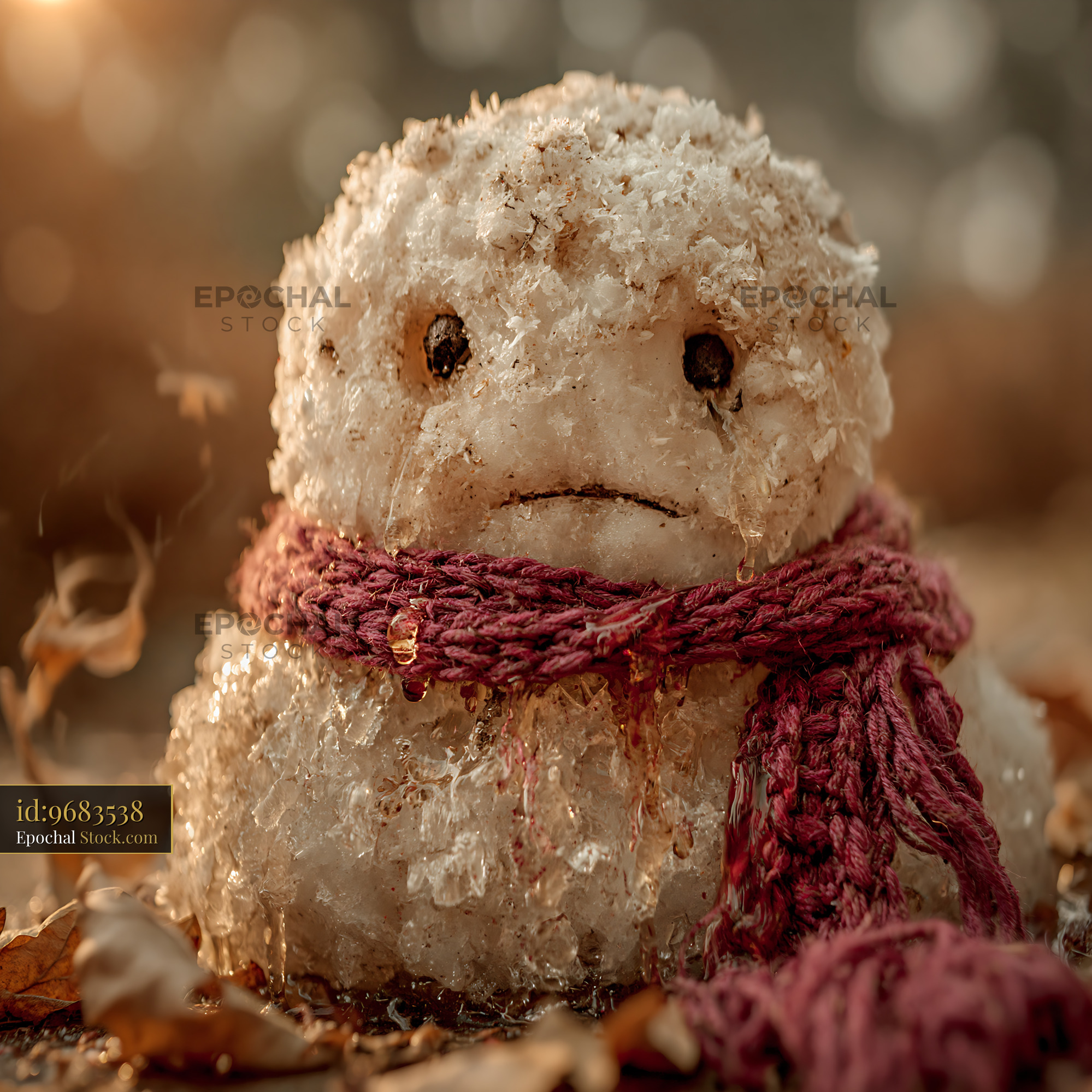 Sad melting snowman with red scarf in spring sunlight - stock photo