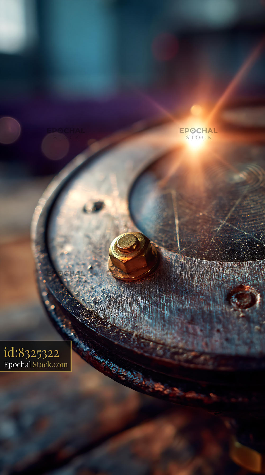 Industrial stage lighting fixture with a golden flare in a dark room - stock photo