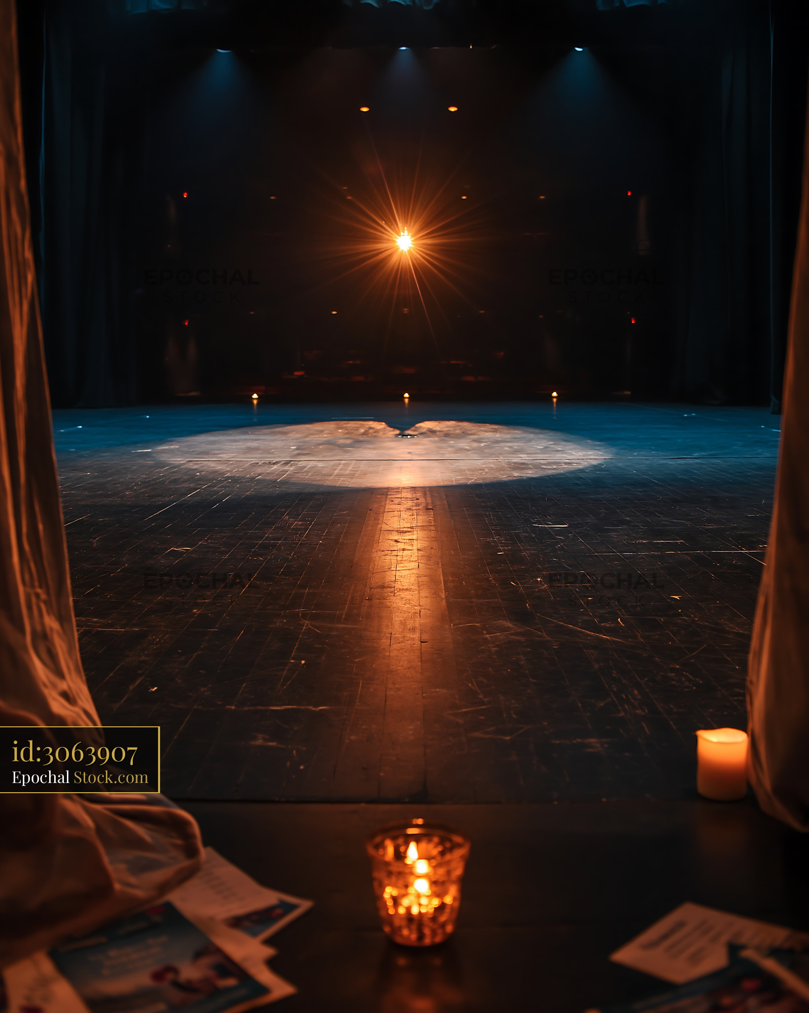 Empty theater stage with spotlight and warm candlelight on wooden floo