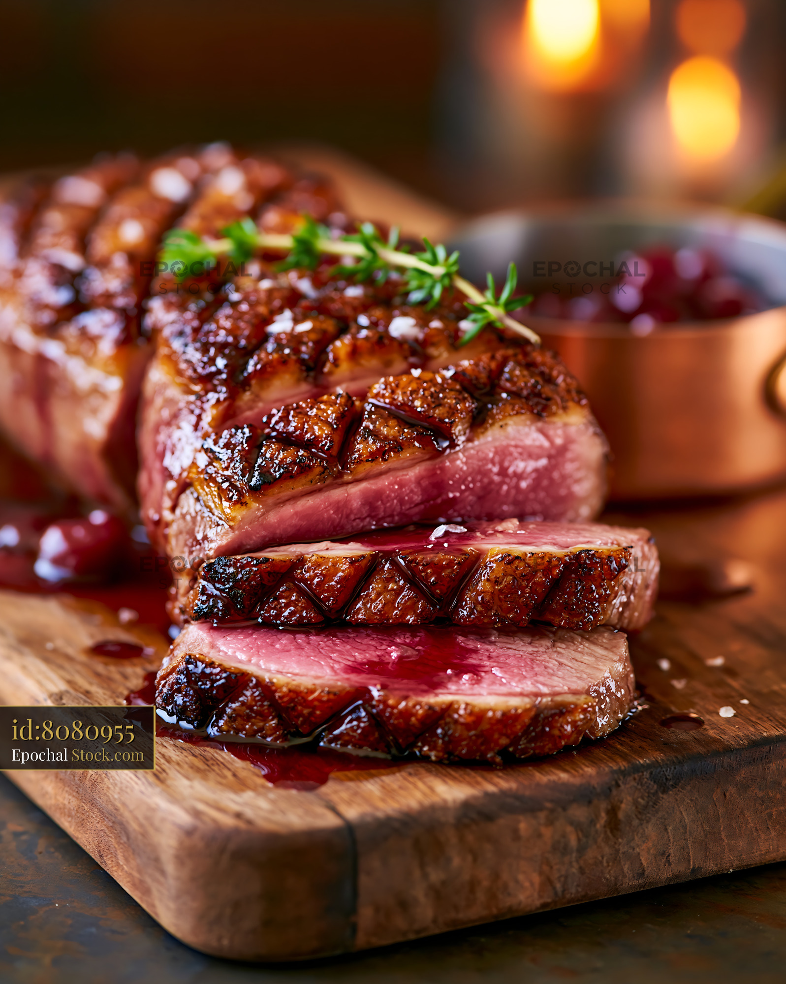 Sliced magret de canard meat with crispy skin and berry sauce - stock photo