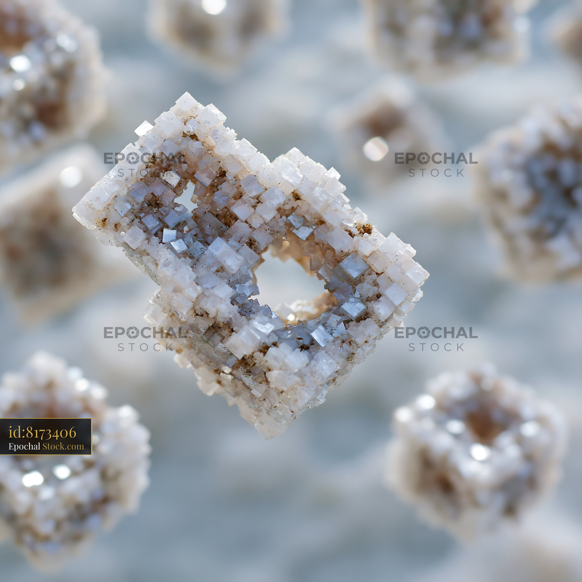 Macro view of geometric salt pan crystals floating in soft light - stock photo