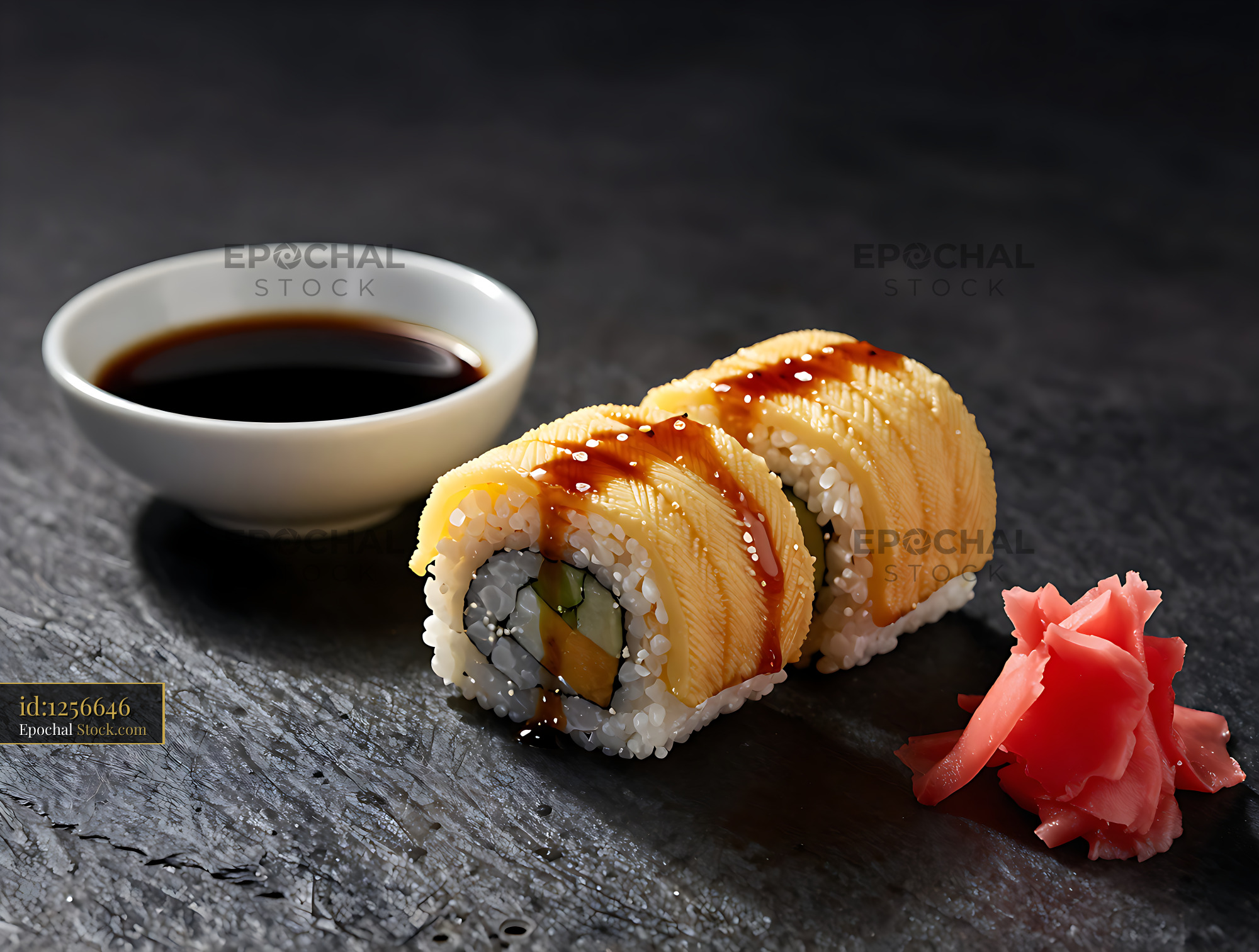 Datemaki sushi rolls with soy sauce and ginger on dark stone - stock photo