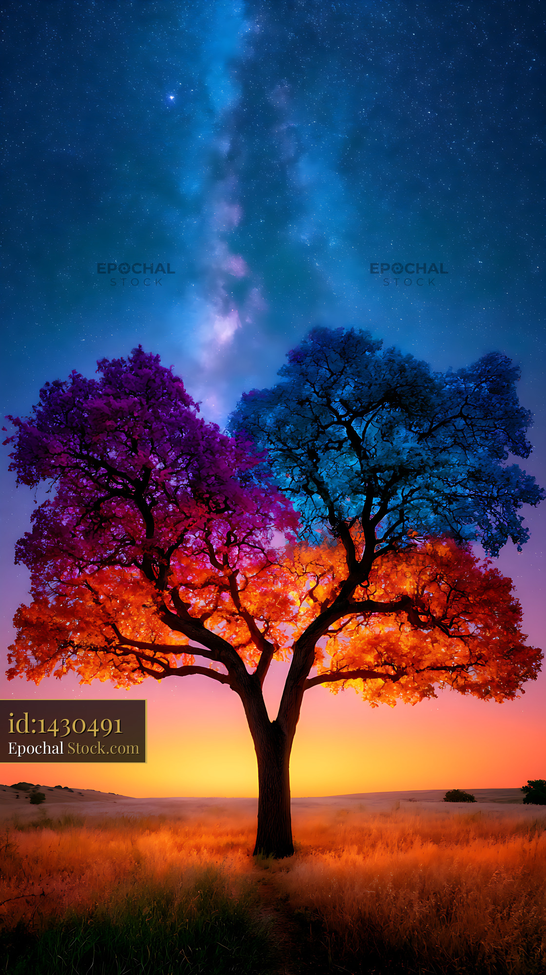 Solitary oak tree with colorful foliage under the Milky Way galaxy - stock photo