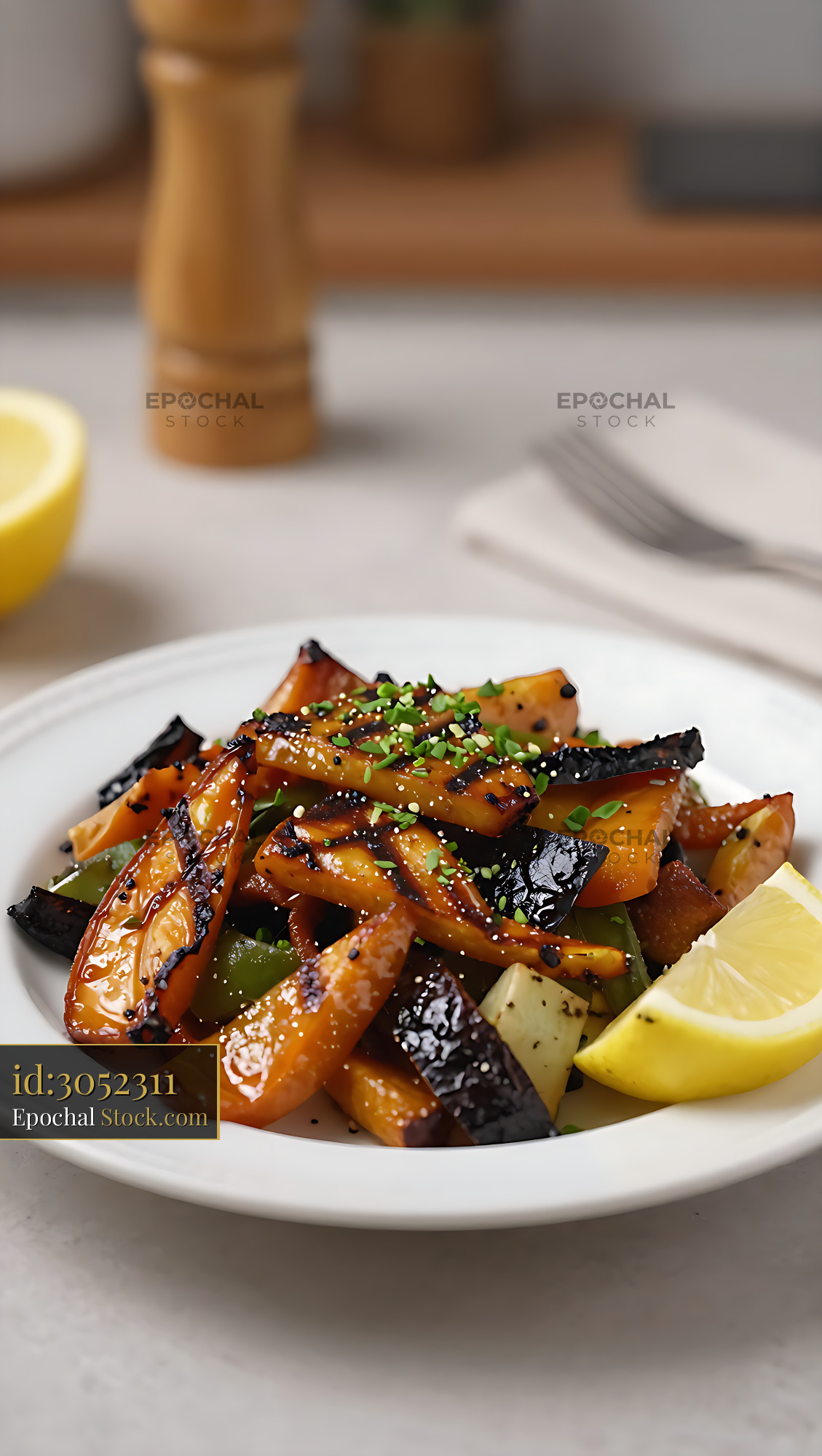 Tunisian slata mechouia grilled vegetable salad with lemon and herbs - stock photo