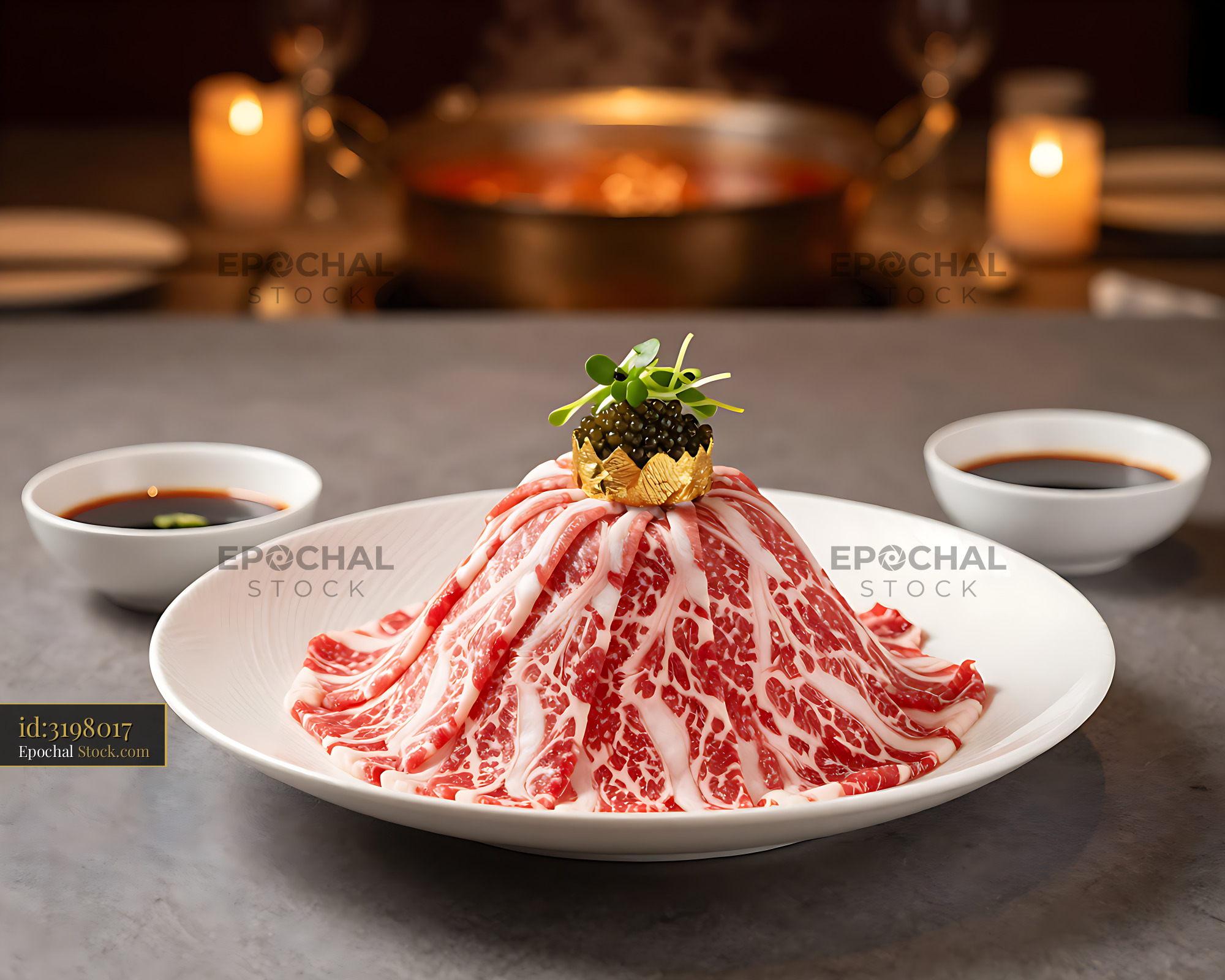 Sichuan Wagyu hotpot with caviar and gold leaf in a luxury setting - stock photo