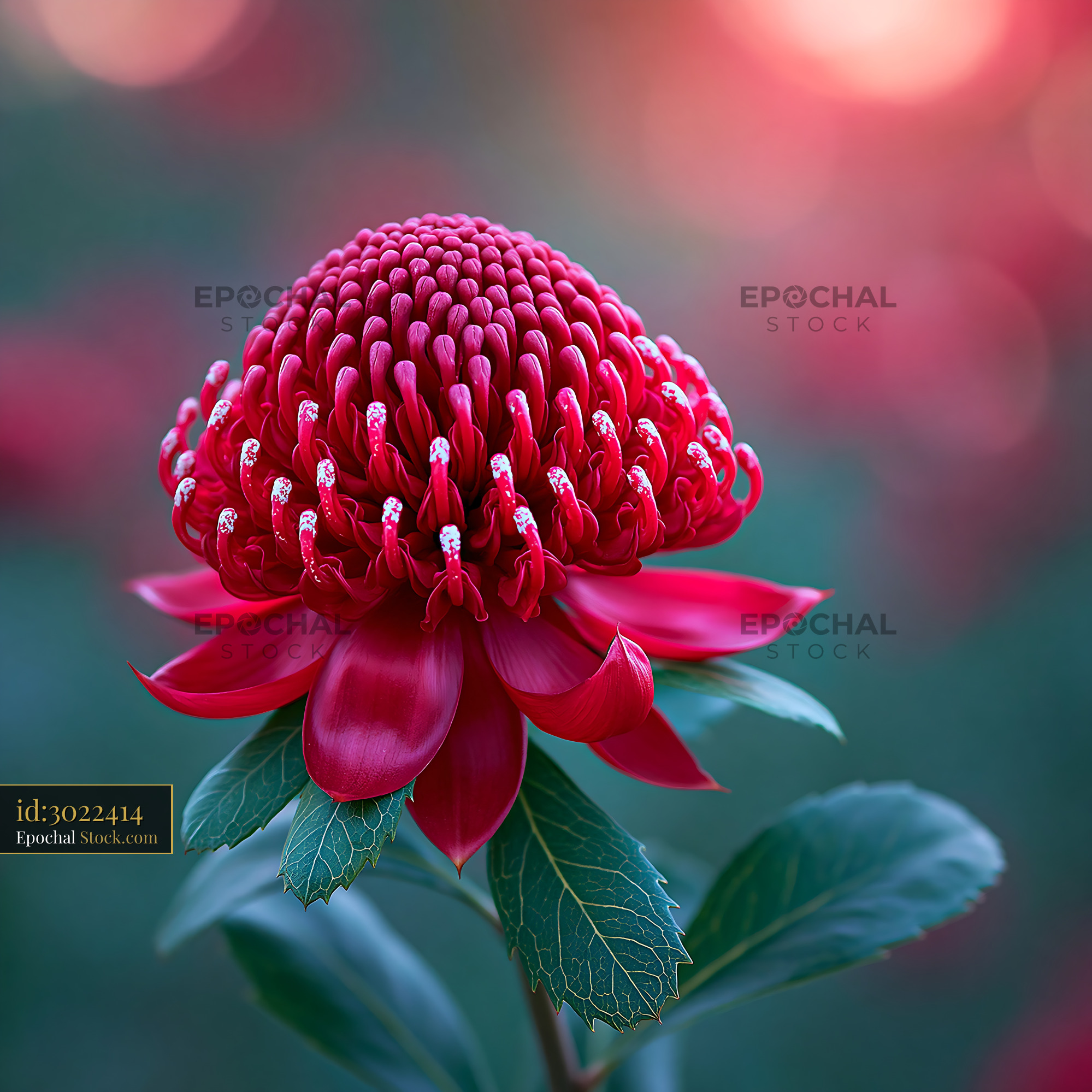 Vibrant red torch ginger flower blooming in a lush tropical garden - stock photo