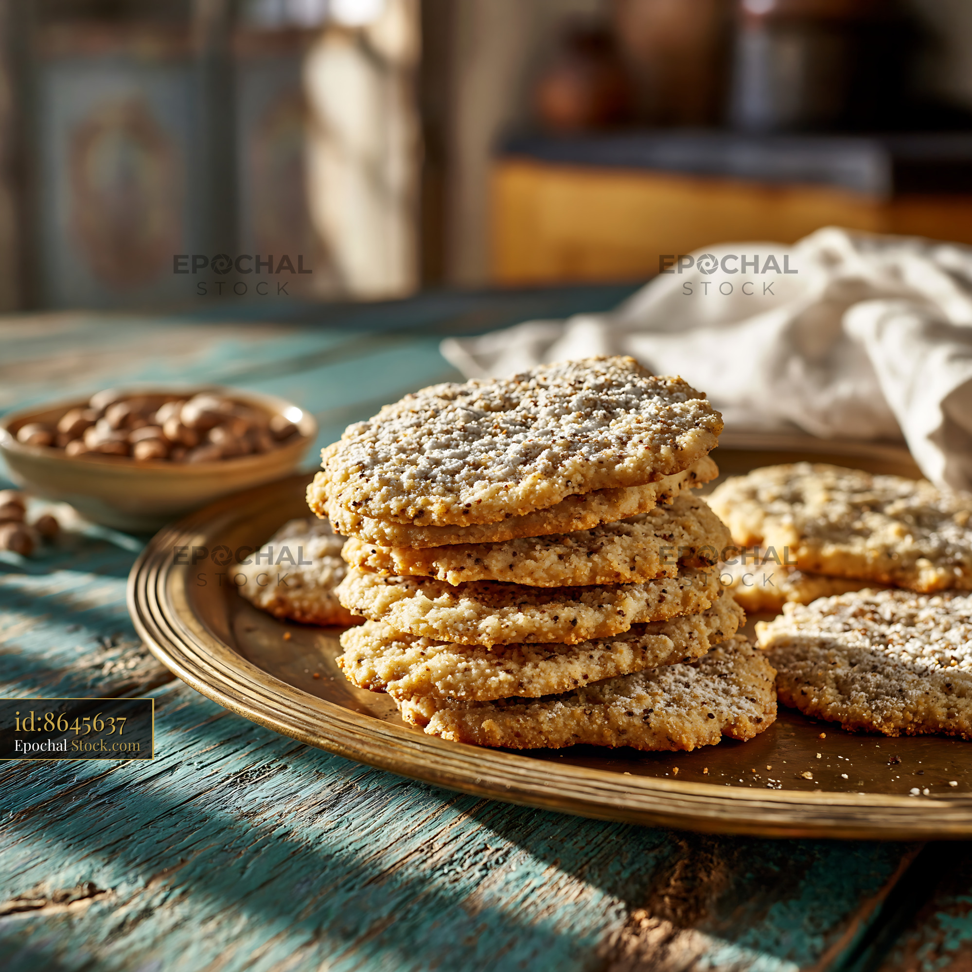 Stack of mahlab spice biscuits on a golden plate in warm sunlight - stock photo