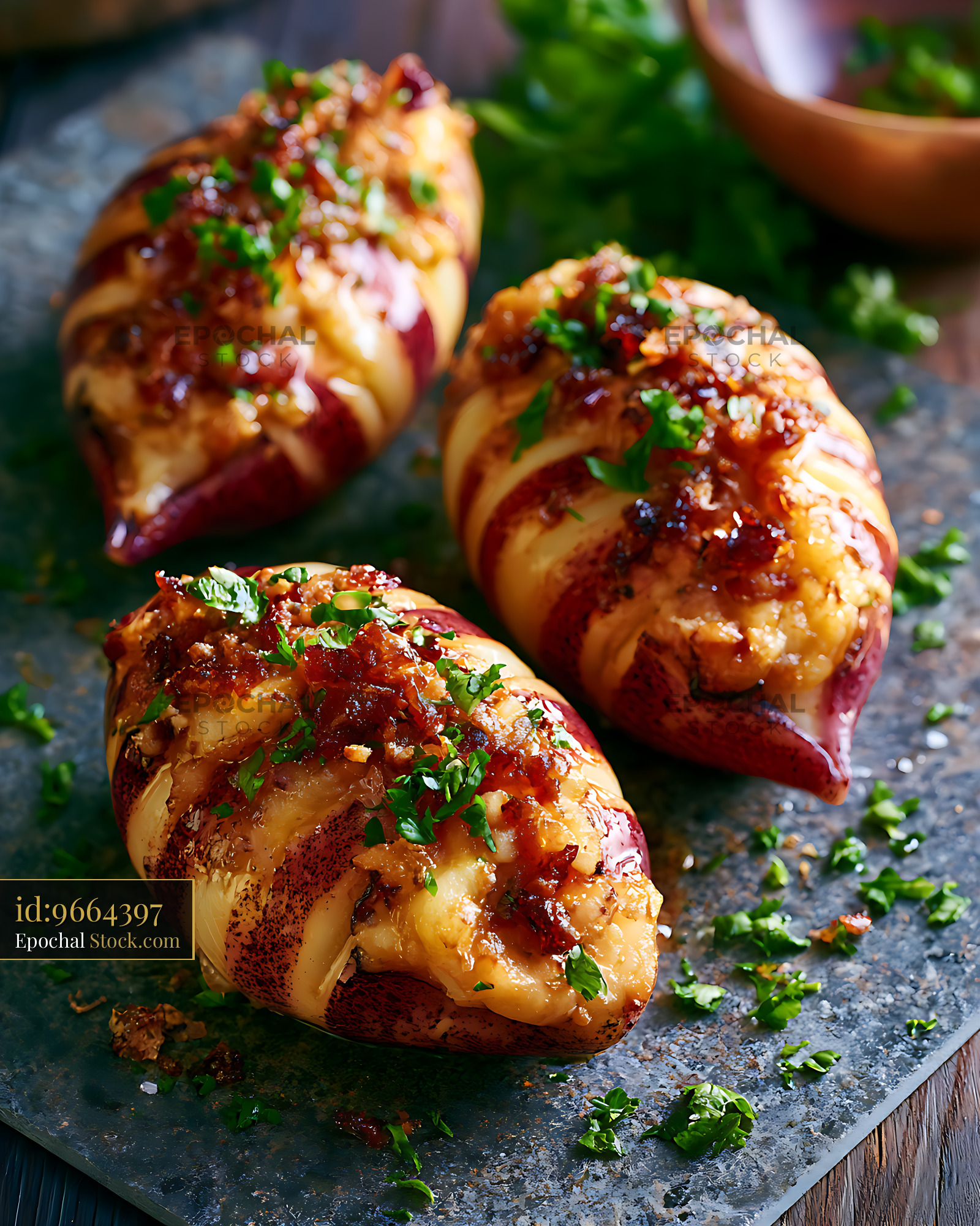 Three grilled stuffed cuttlefish with fresh parsley on a slate board - stock photo